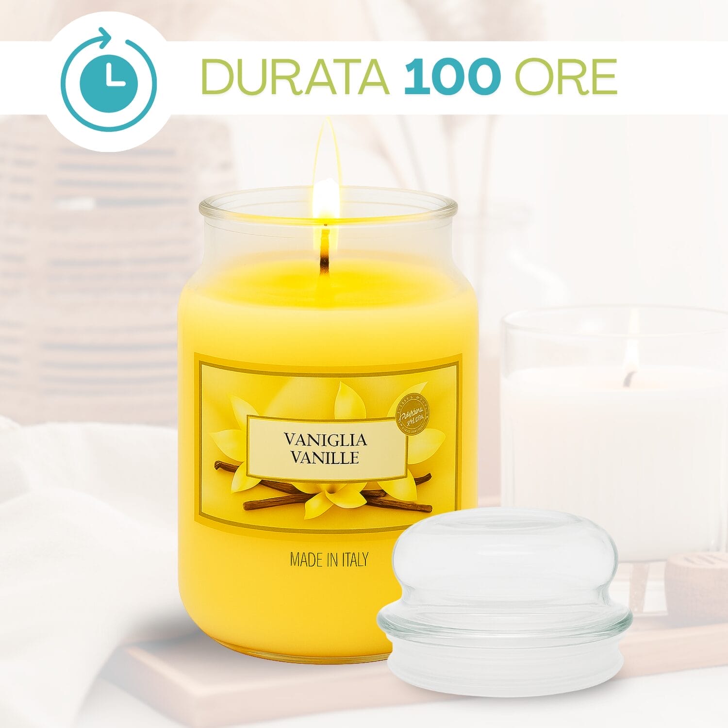 Candela profumata vaniglia accesa durata 100 ore