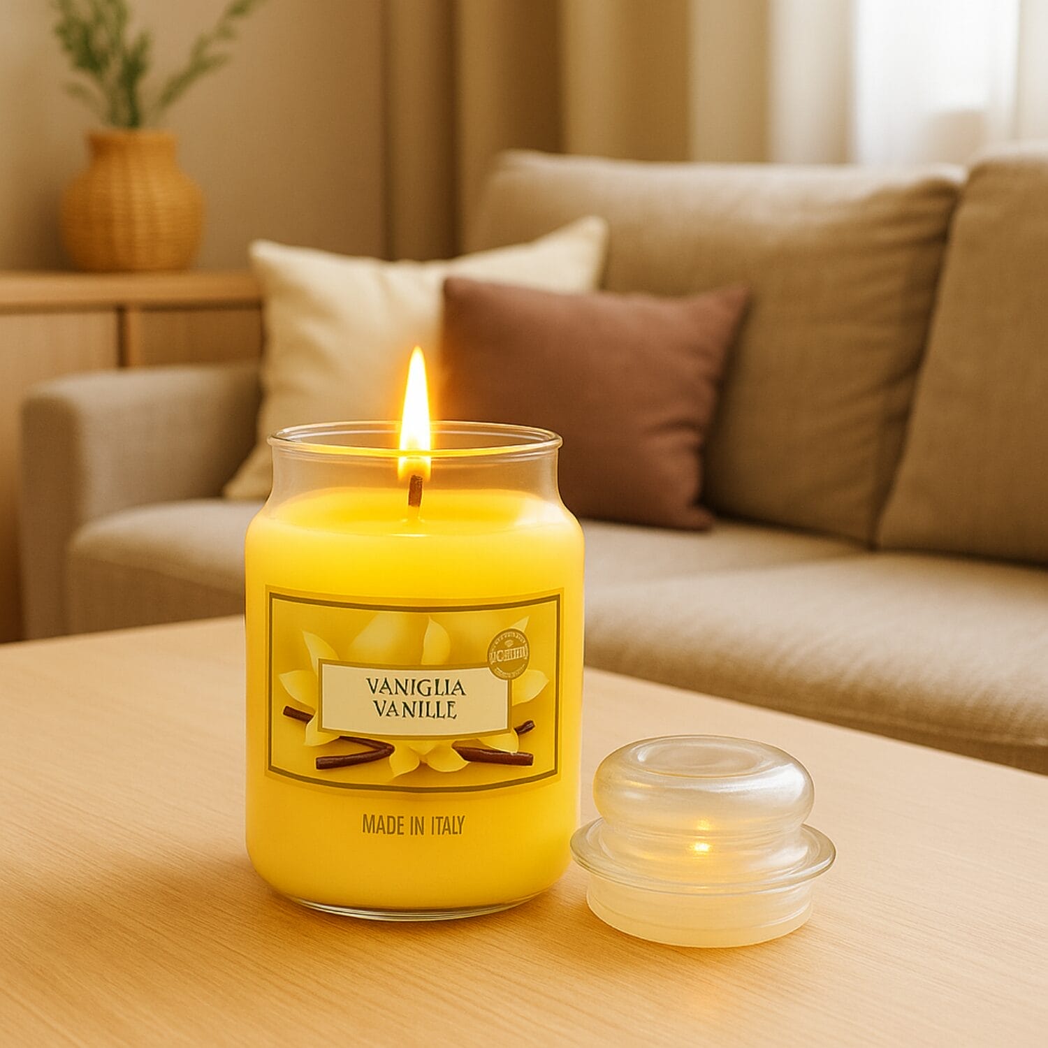 Candela profumata vaniglia accesa in soggiorno accogliente