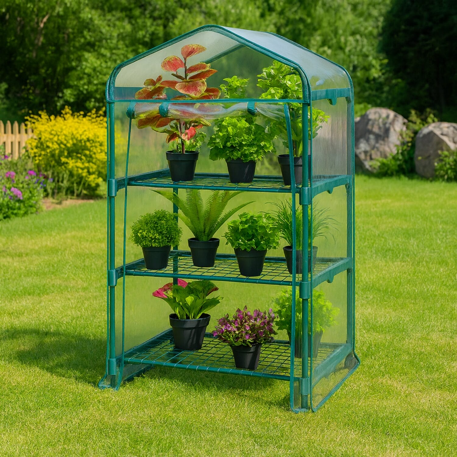 Serra 3 ripiani da esterno con piante verdi e telo trasparente impermeabile