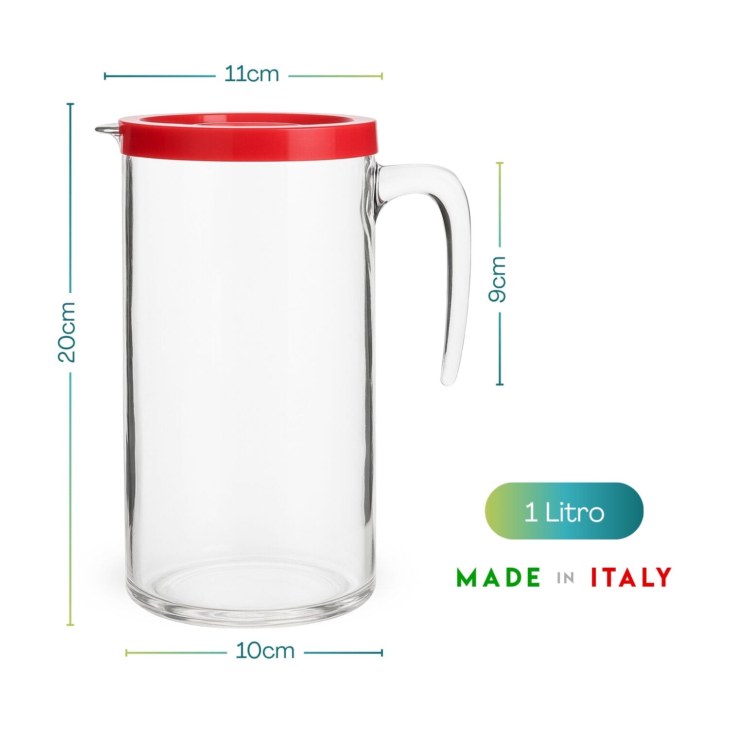 Dimensioni brocca vetro con coperchio rosso 1 litro 20x11x10 cm