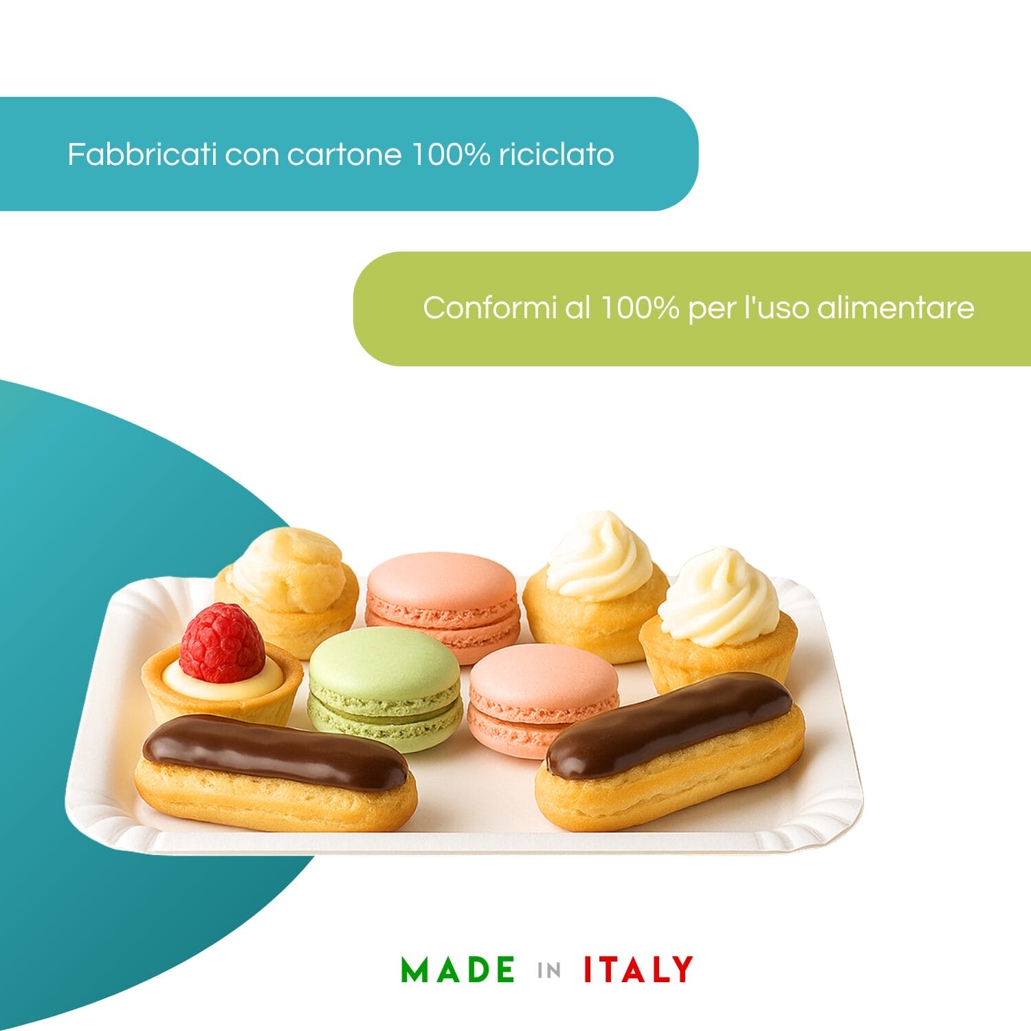 Vassoio bianco cartone 100% riciclato per alimenti, dolci e pasticceria Made in Italy