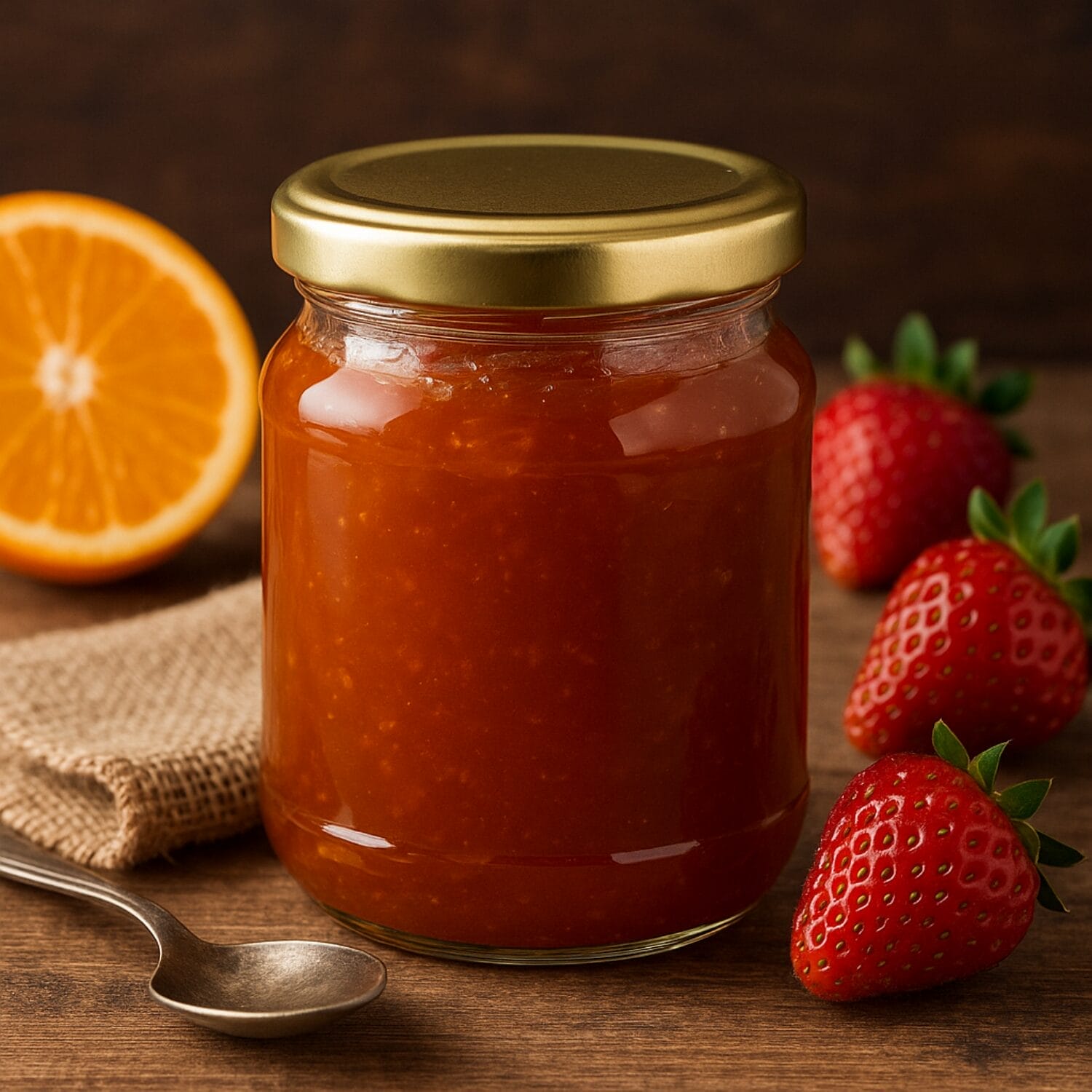 13-barattolo-in-vetro-coreografica Barattolo in vetro con marmellata artigianale e frutta fresca sul tavolo