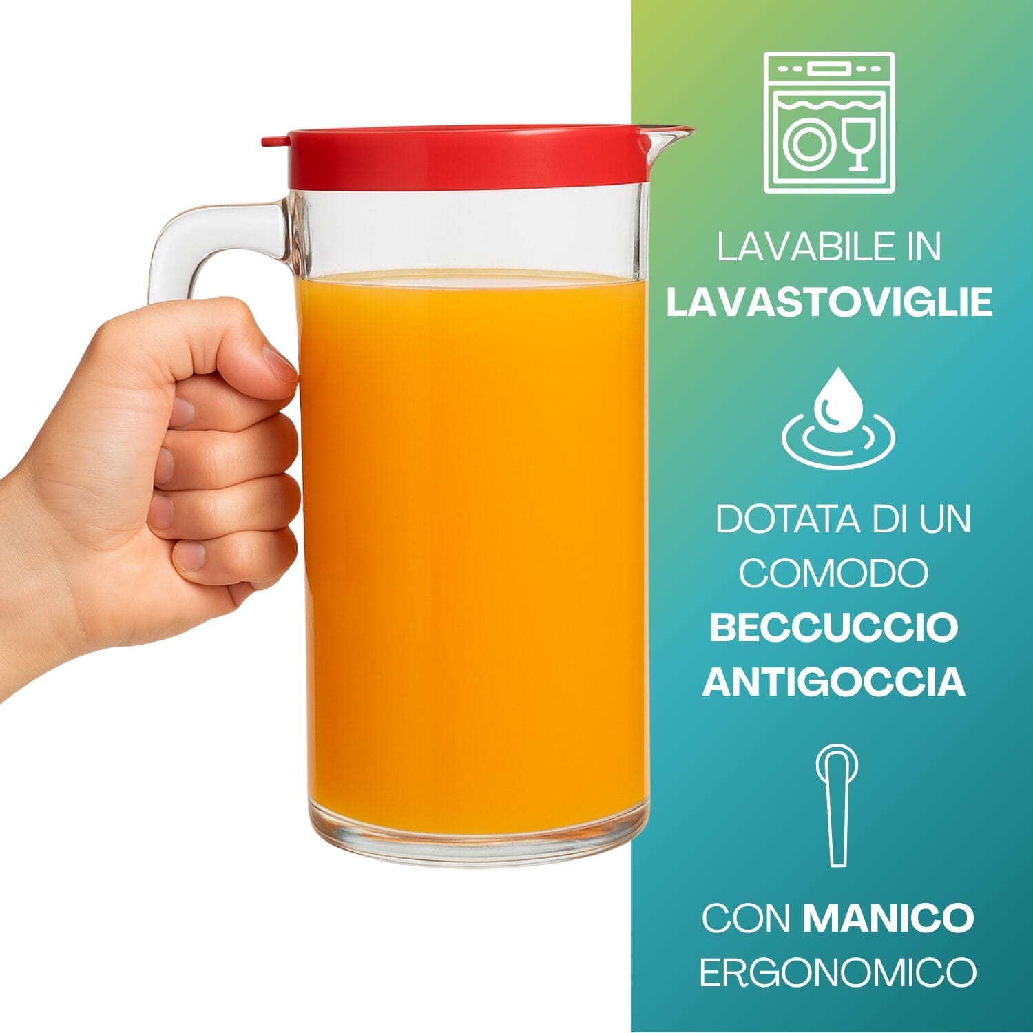Brocca con coperchio rosso beccuccio antigoccia e manico ergonomico