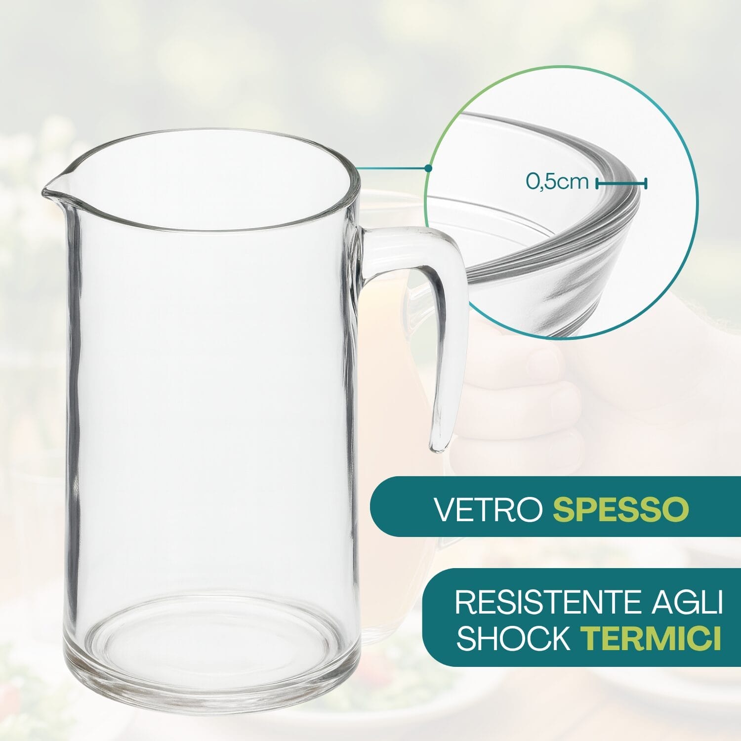 Brocca in vetro spesso con bordo rinforzato resistente agli shock termici
