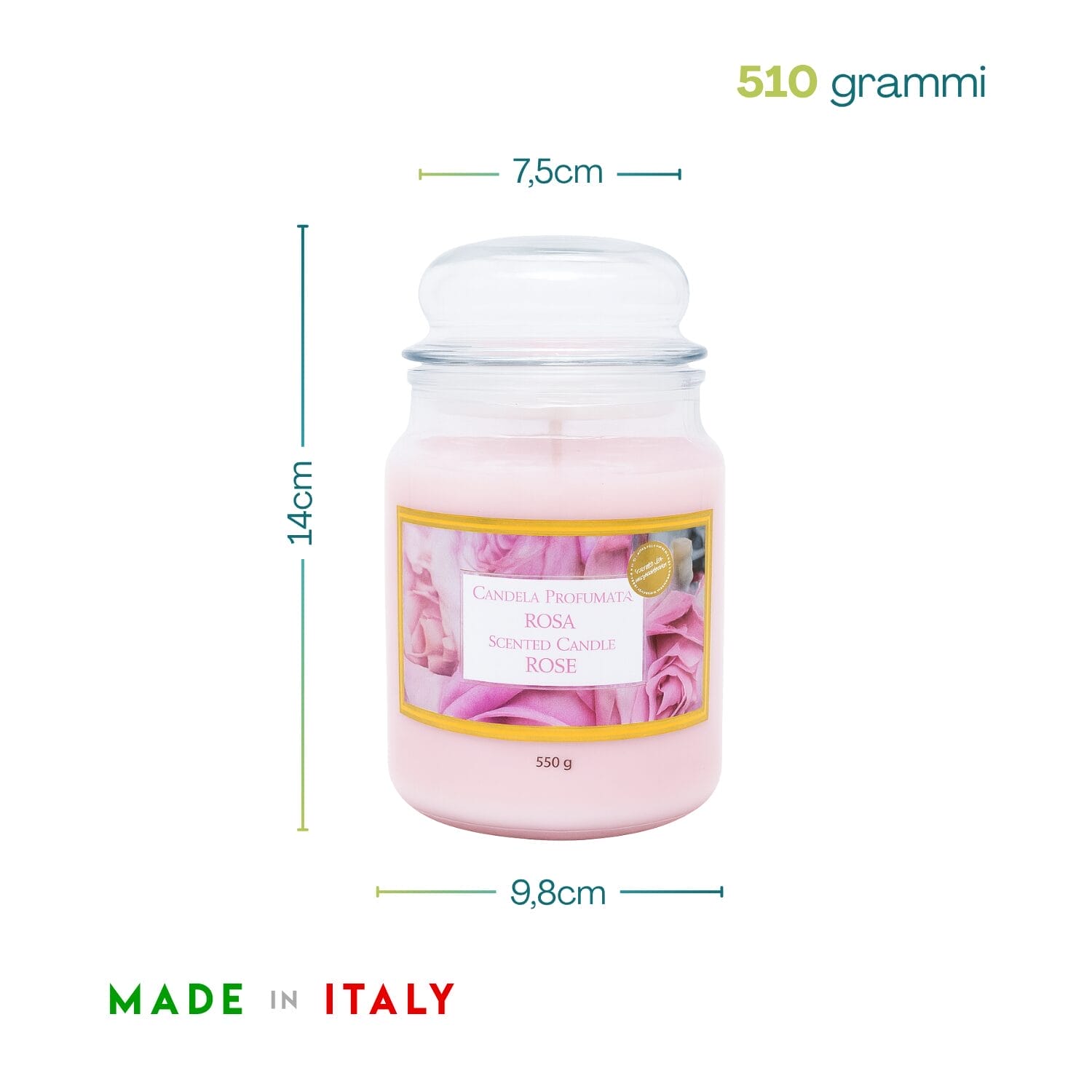 Candela rosa 510g con misure 14x9,8 cm – profumata Made in Italy