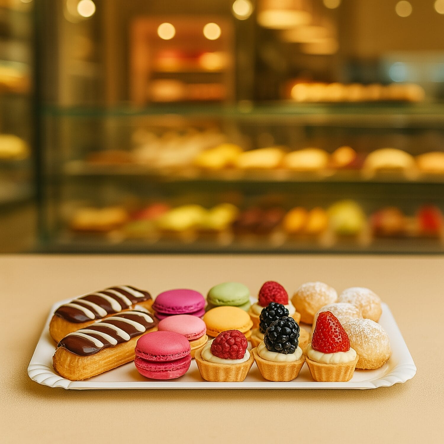 Vassoio bianco cartone con dolci assortiti, ideale per pasticcerie e catering