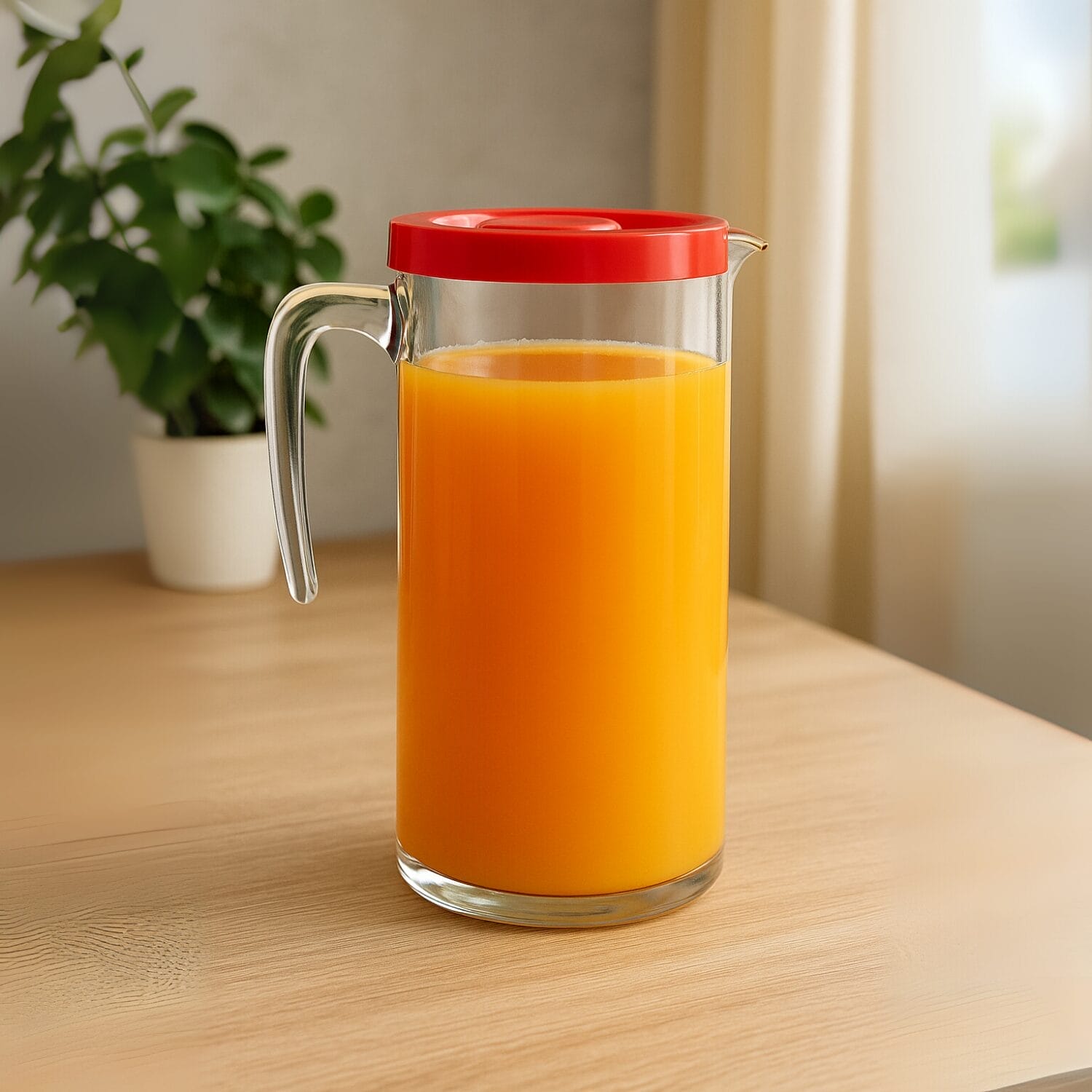 Brocca in vetro con coperchio rosso e succo d’arancia su tavolo da cucina