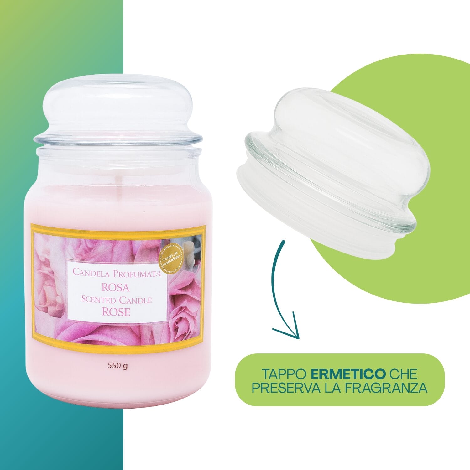 Candela profumata rosa con tappo ermetico salva fragranza