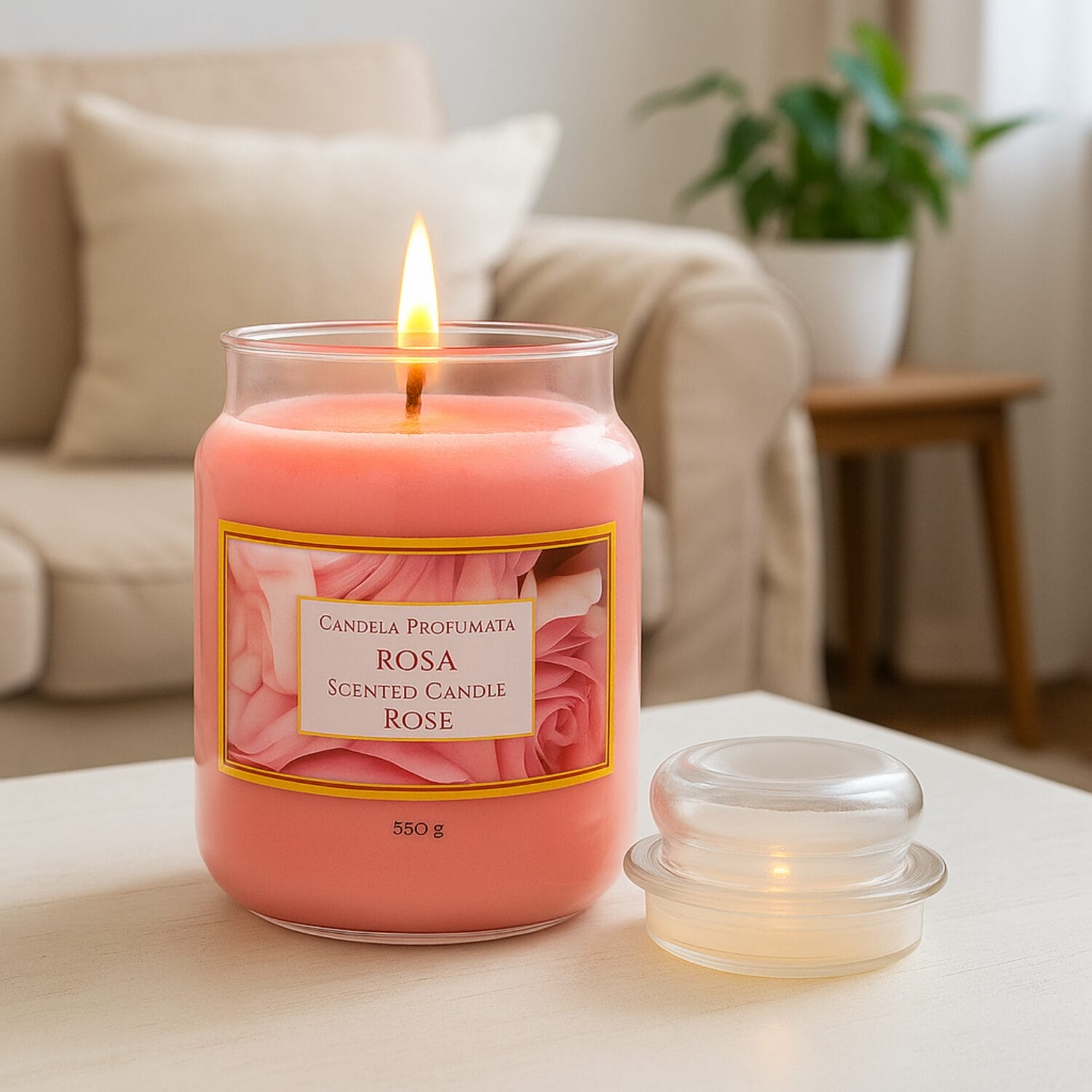 17-candela-rosa-coreografica Candela profumata rosa accesa in soggiorno con tappo vetro