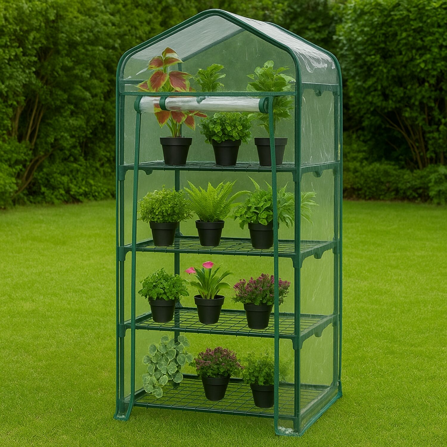 Serra 4 ripiani da esterno con piante verdi e telo trasparente impermeabile