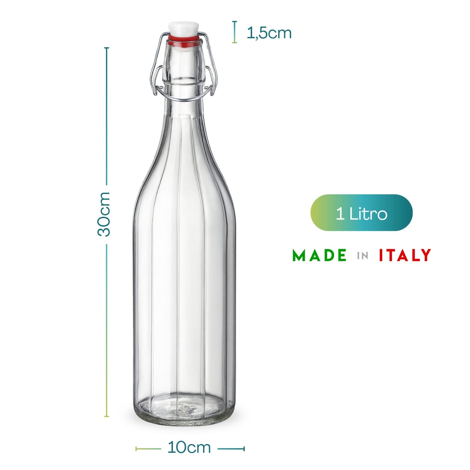 Bottiglia in vetro da 1 litro con misure 30x10 cm e tappo meccanico ermetico