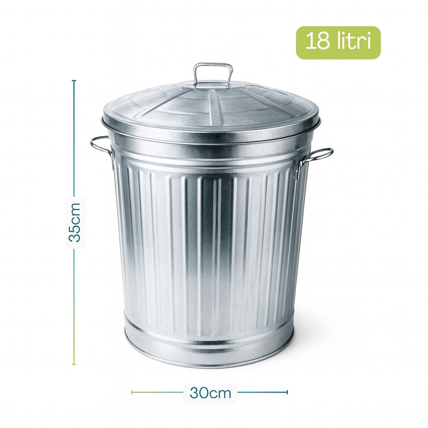 Bidone in metallo zincato da 18 litri con coperchio, diametro 30 cm e altezza 35 cm