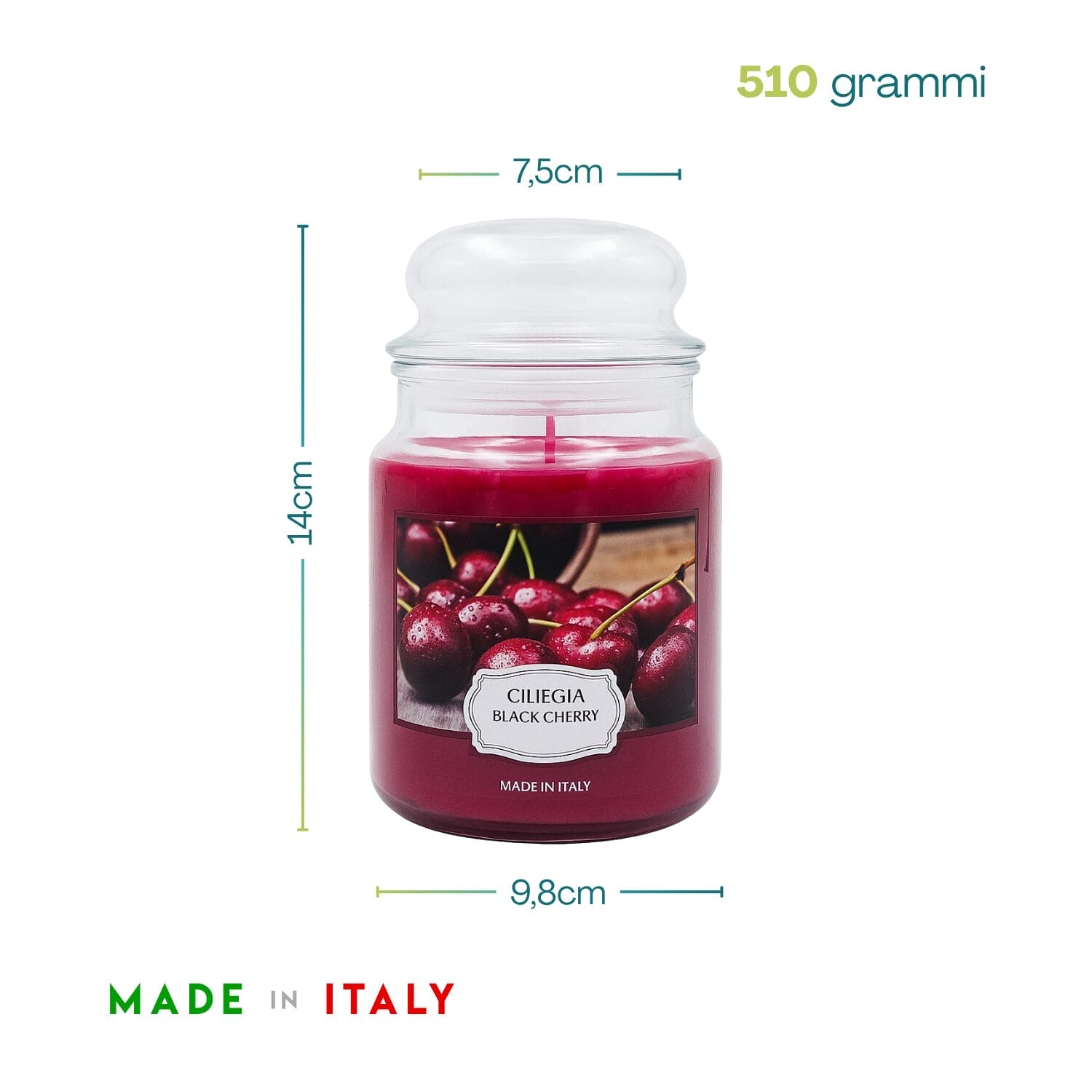 2-candela-ciliegia-misure Candela profumata ciliegia Black Cherry 510g misure 14x9,8 cm