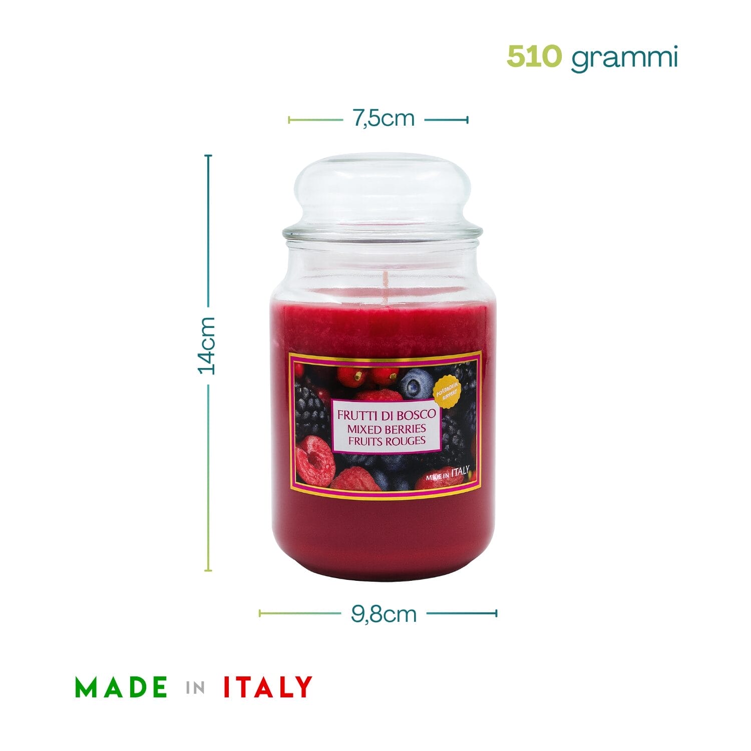 Candela frutti di bosco 510g con misure 14x9,8 cm – Made in Italy
