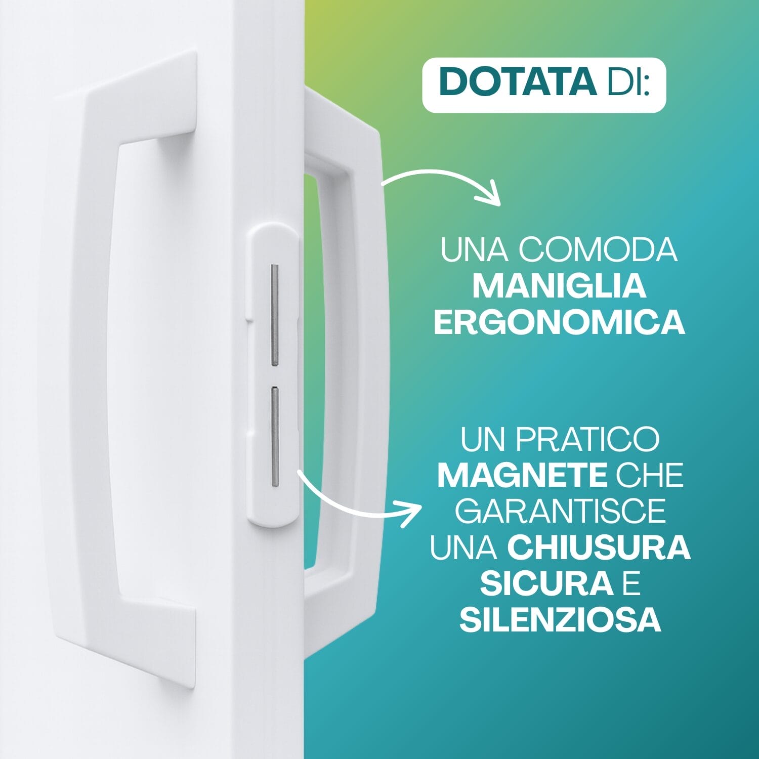 Porta a soffietto bianca dettaglio maniglia ergonomica con chiusura magnetica