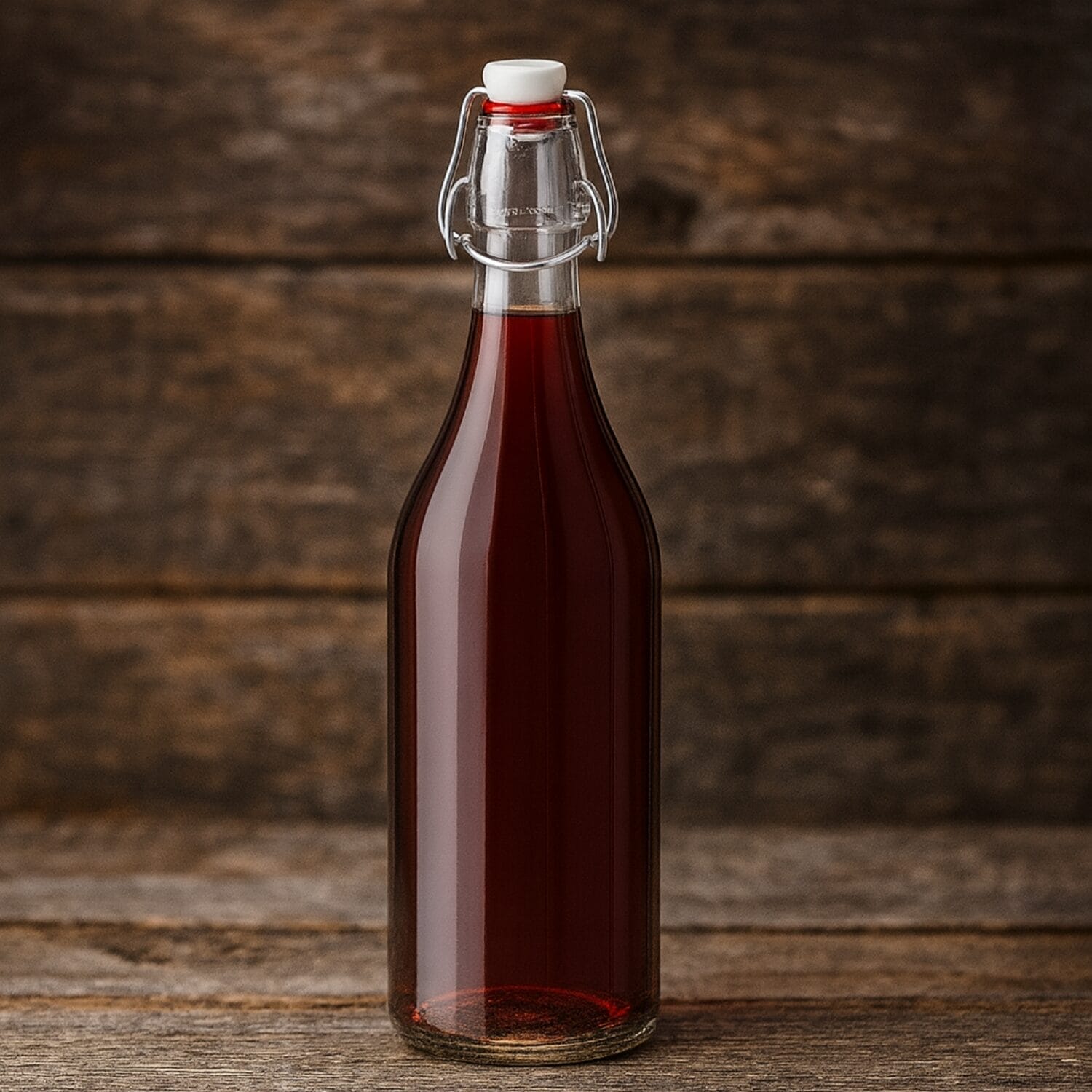 Bottiglia in vetro con bevanda rossa su sfondo rustico in legno