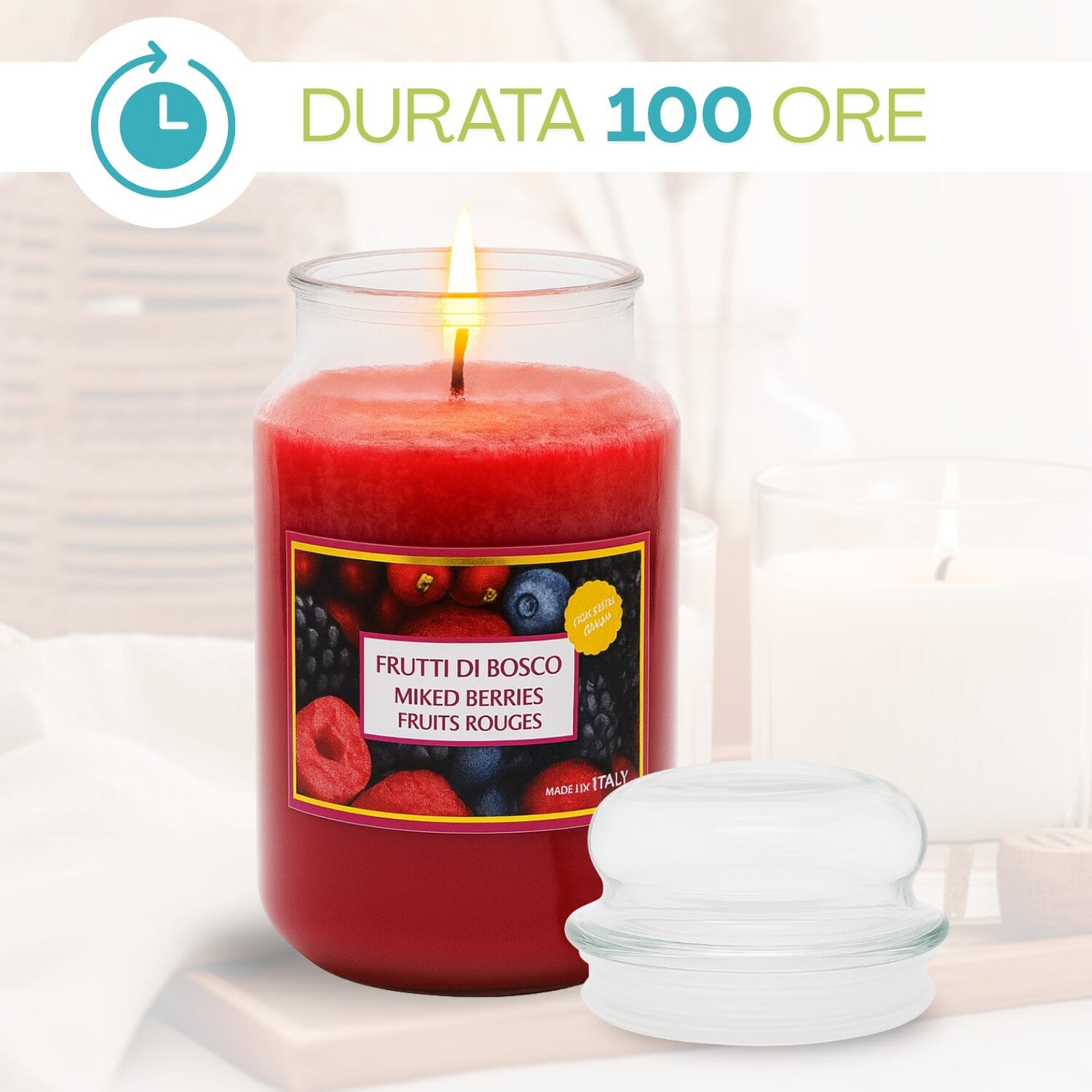 22-candela-frutti-di-bosco-durata Candela profumata frutti di bosco accesa con durata 100 ore