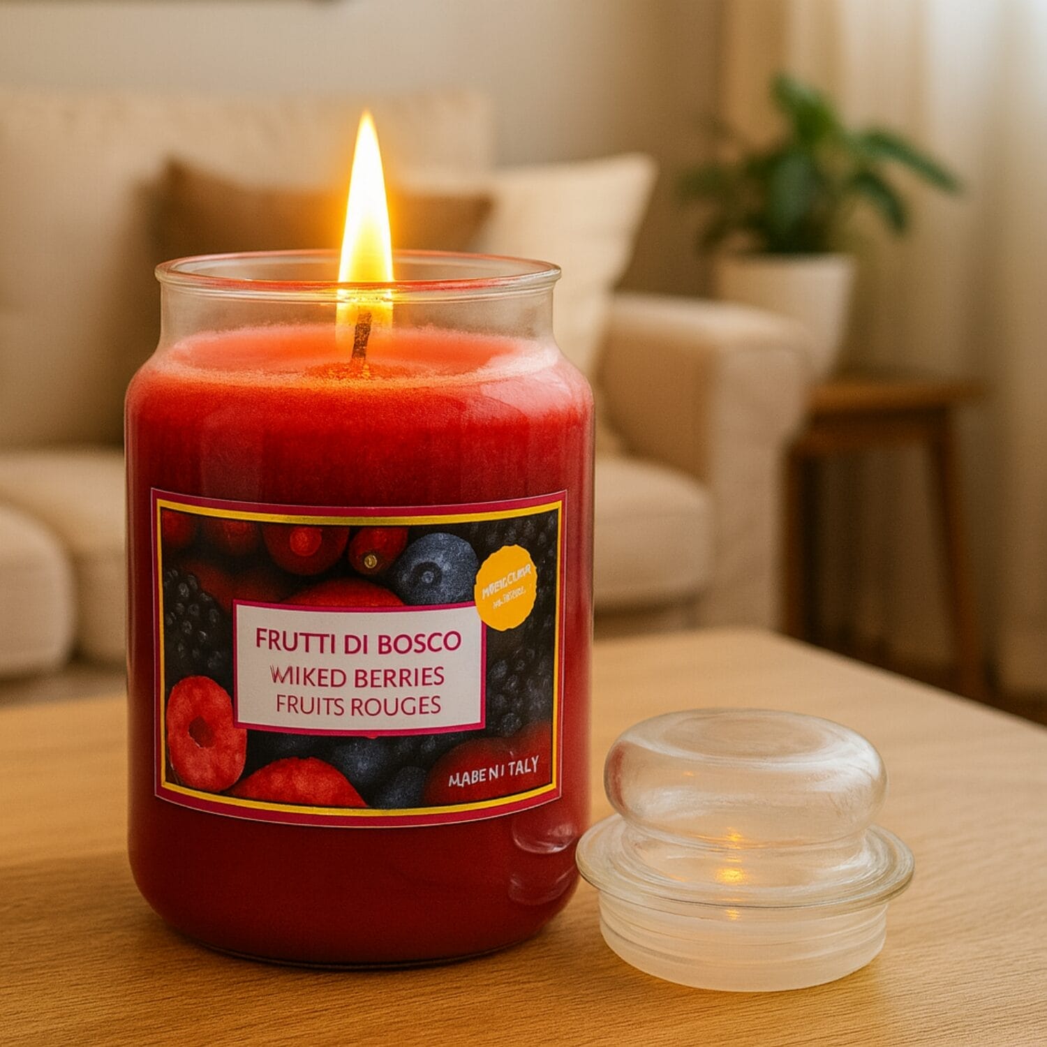 Candela frutti di bosco accesa in casa con tappo in vetro