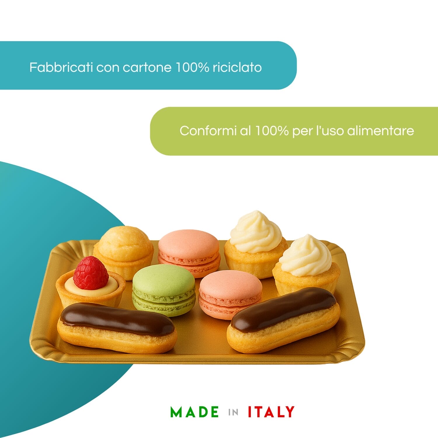 Vassoio cartone oro alimentare 100% riciclato, ideale per dolci e pasticceria