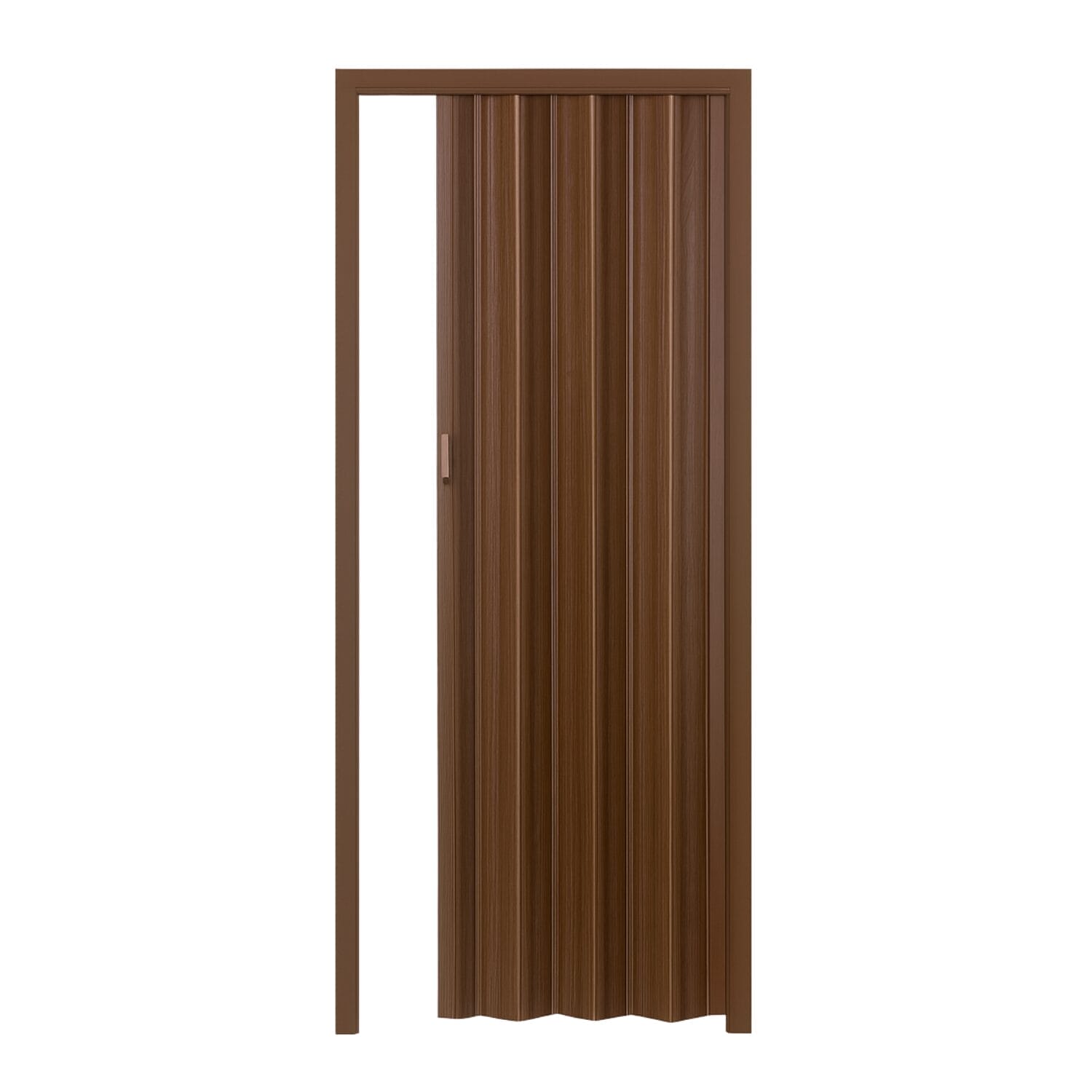 Porta a soffietto marrone effetto legno chiusa con maniglia integrata