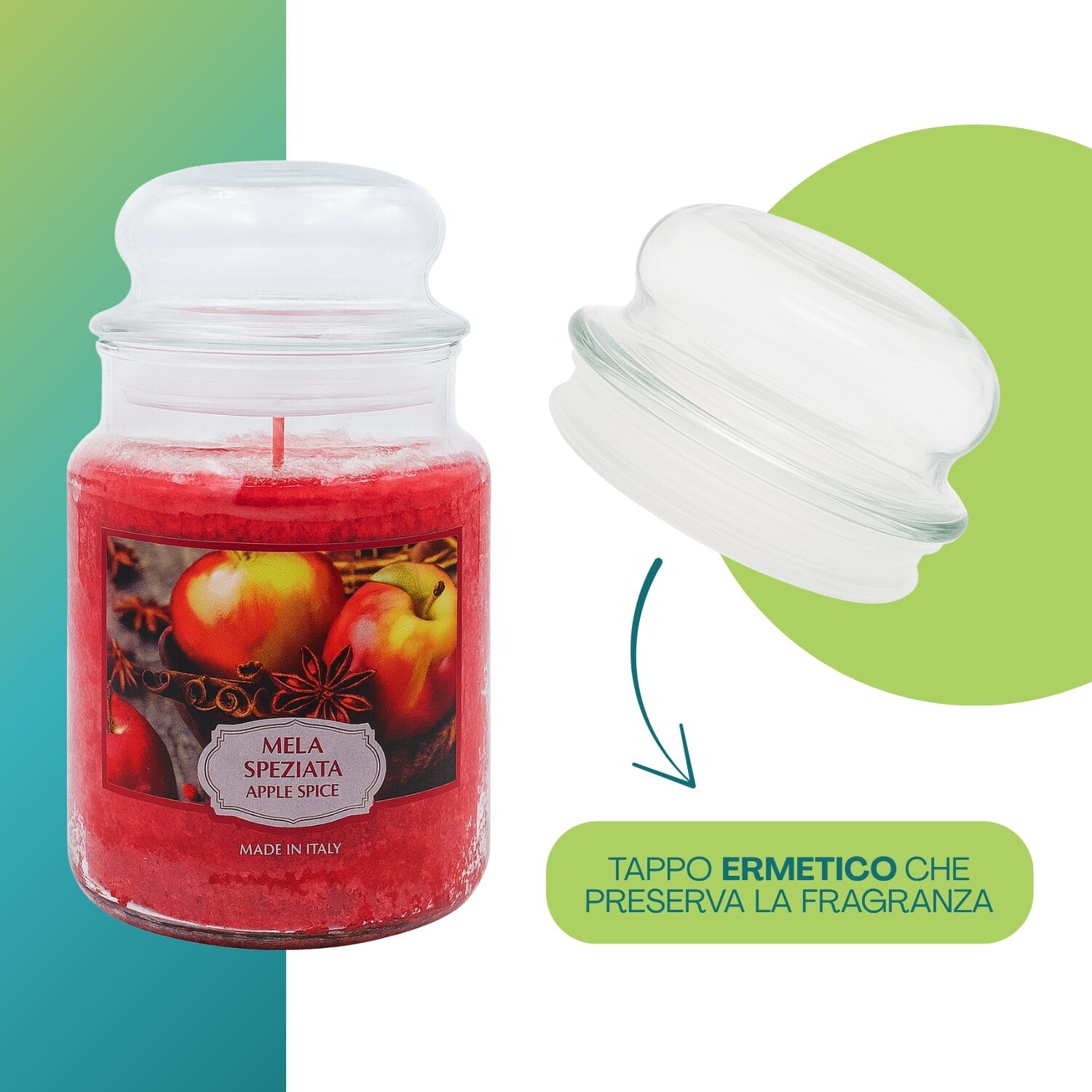 Candela mela speziata con tappo ermetico salva fragranza