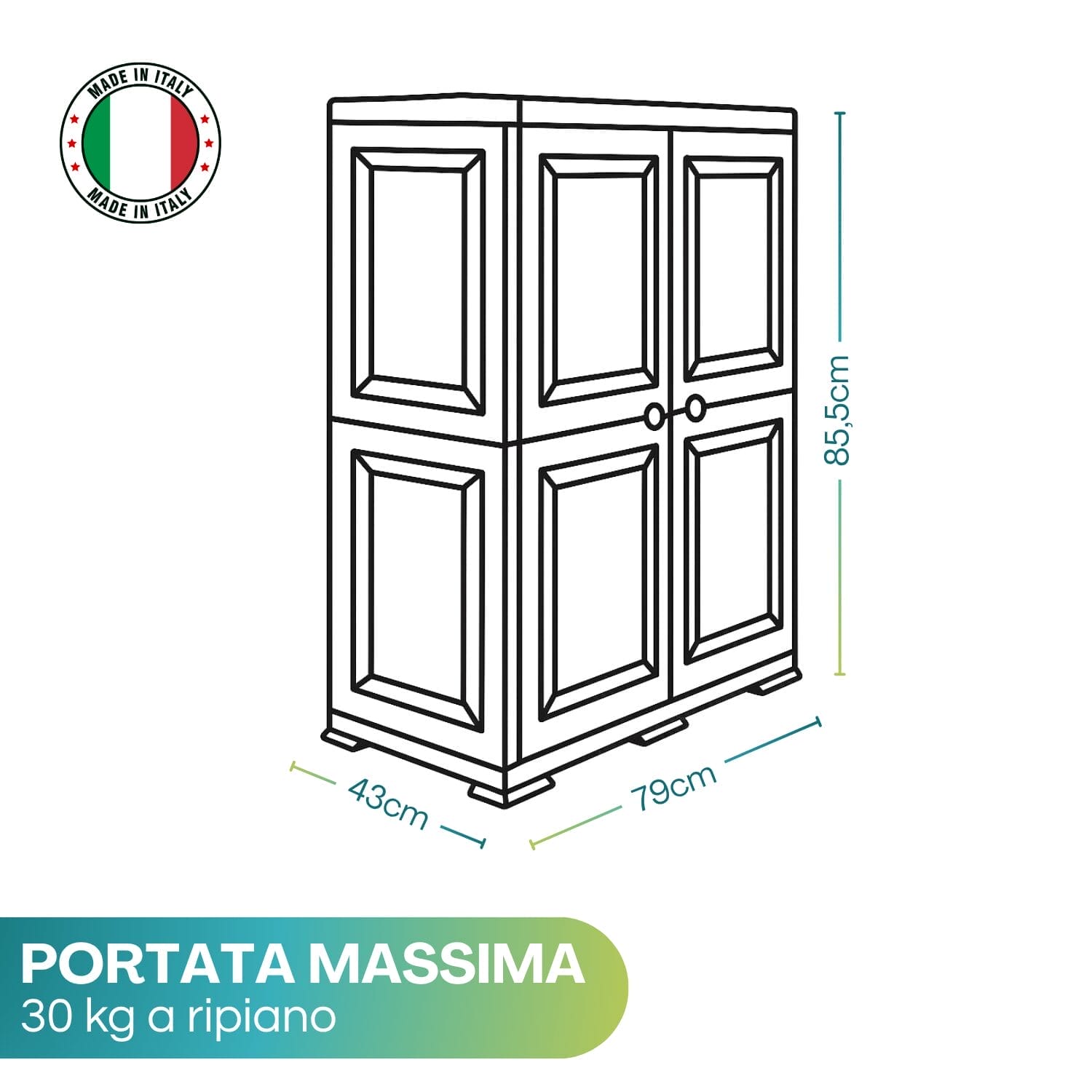 Disegno tecnico mobile multiuso 79x43x85,5 cm in plastica effetto legno Made in Italy