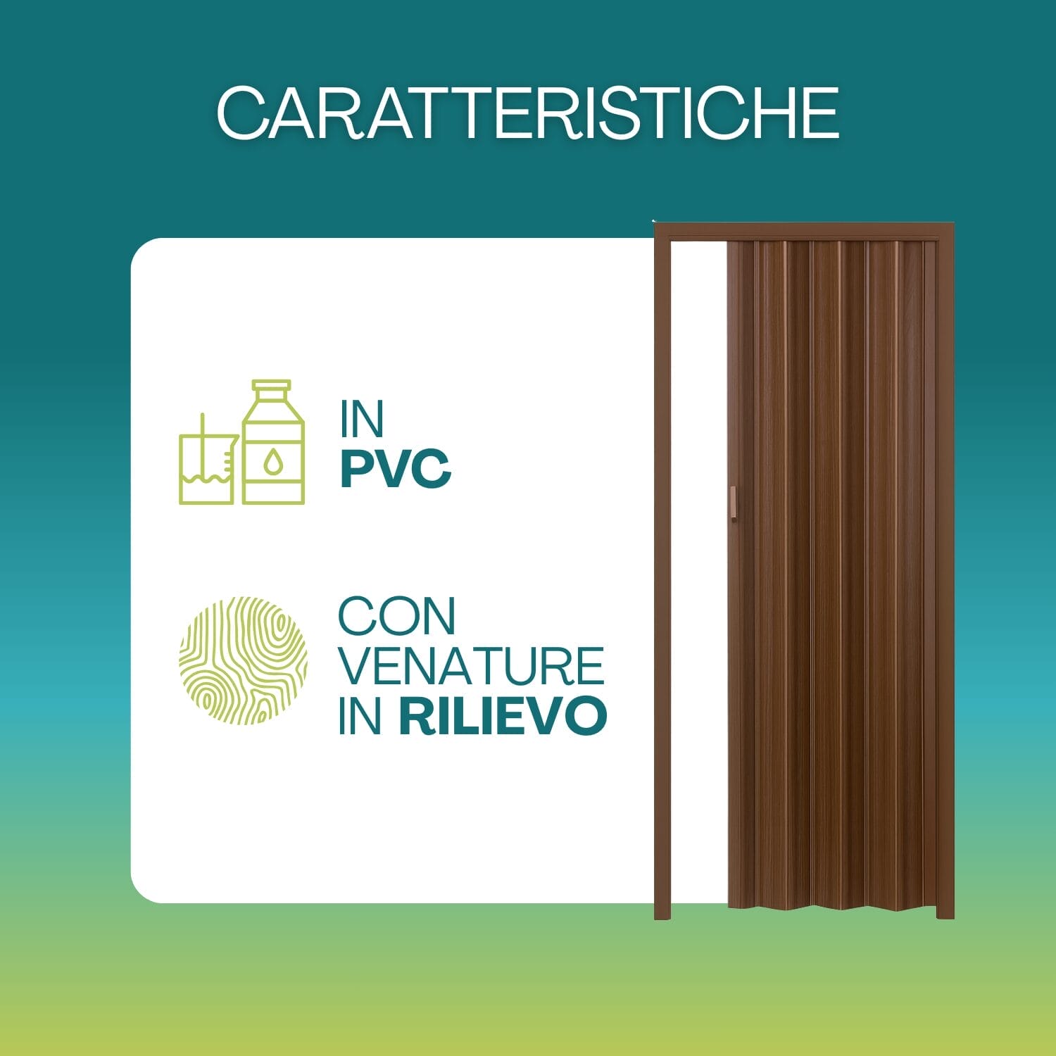 Porta a soffietto marrone in PVC con venature effetto legno realistico