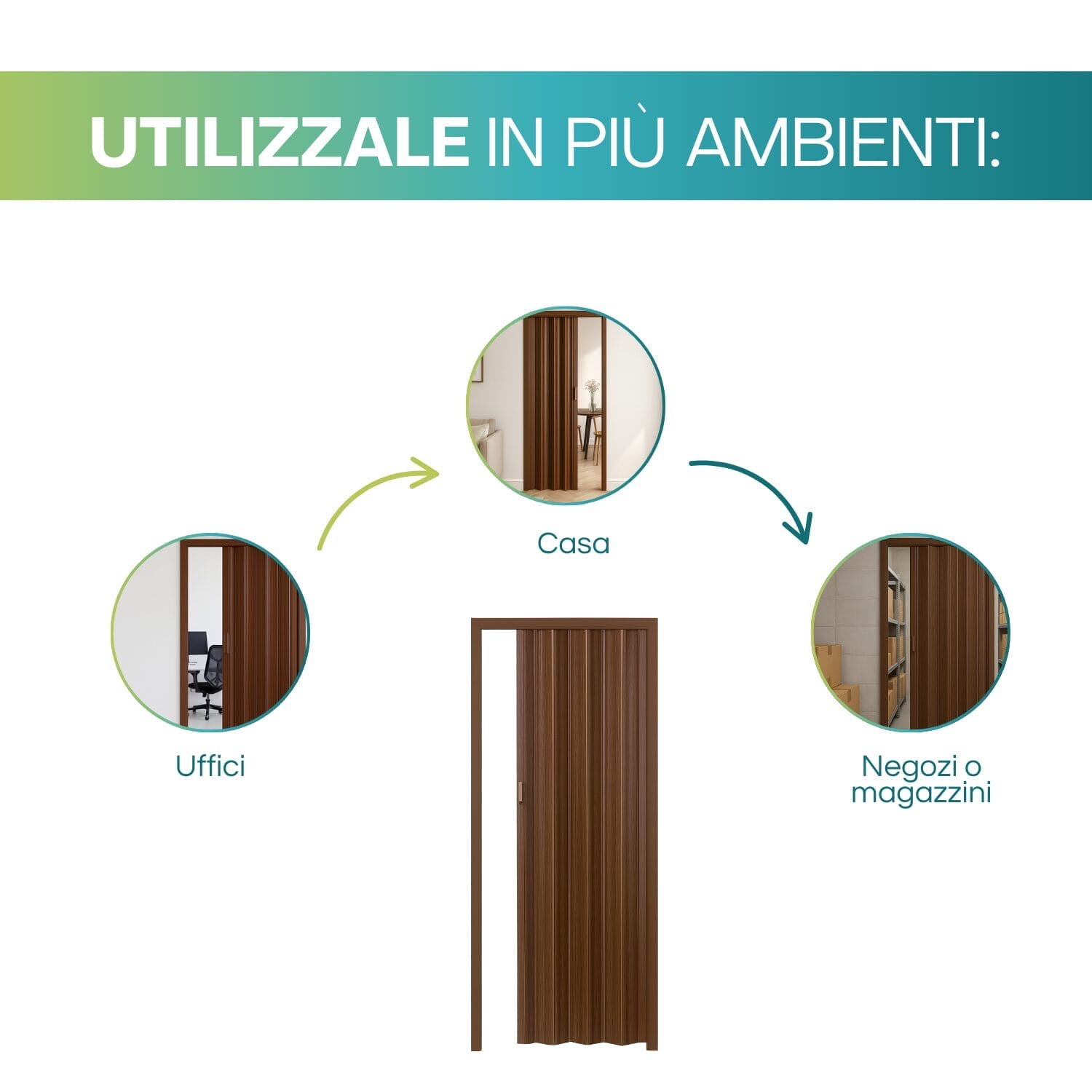Porta a soffietto marrone per casa, uffici e negozi con apertura pieghevole