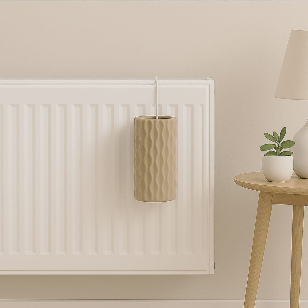 Umidificatore in ceramica appeso al termosifone in ambiente domestico