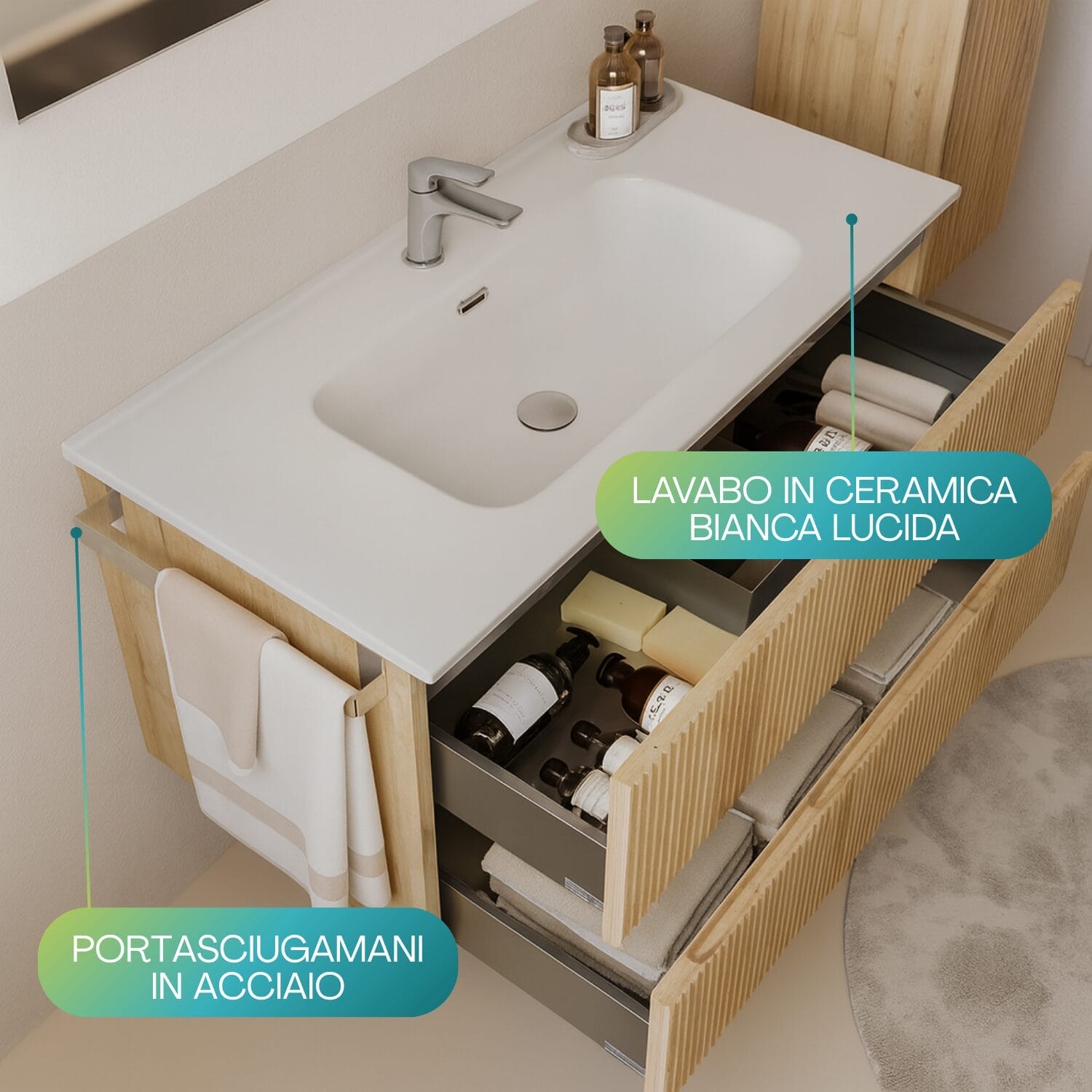 3-arredo-bagno-lavabo Lavabo in ceramica bianca lucida con portasalviette in acciaio integrato