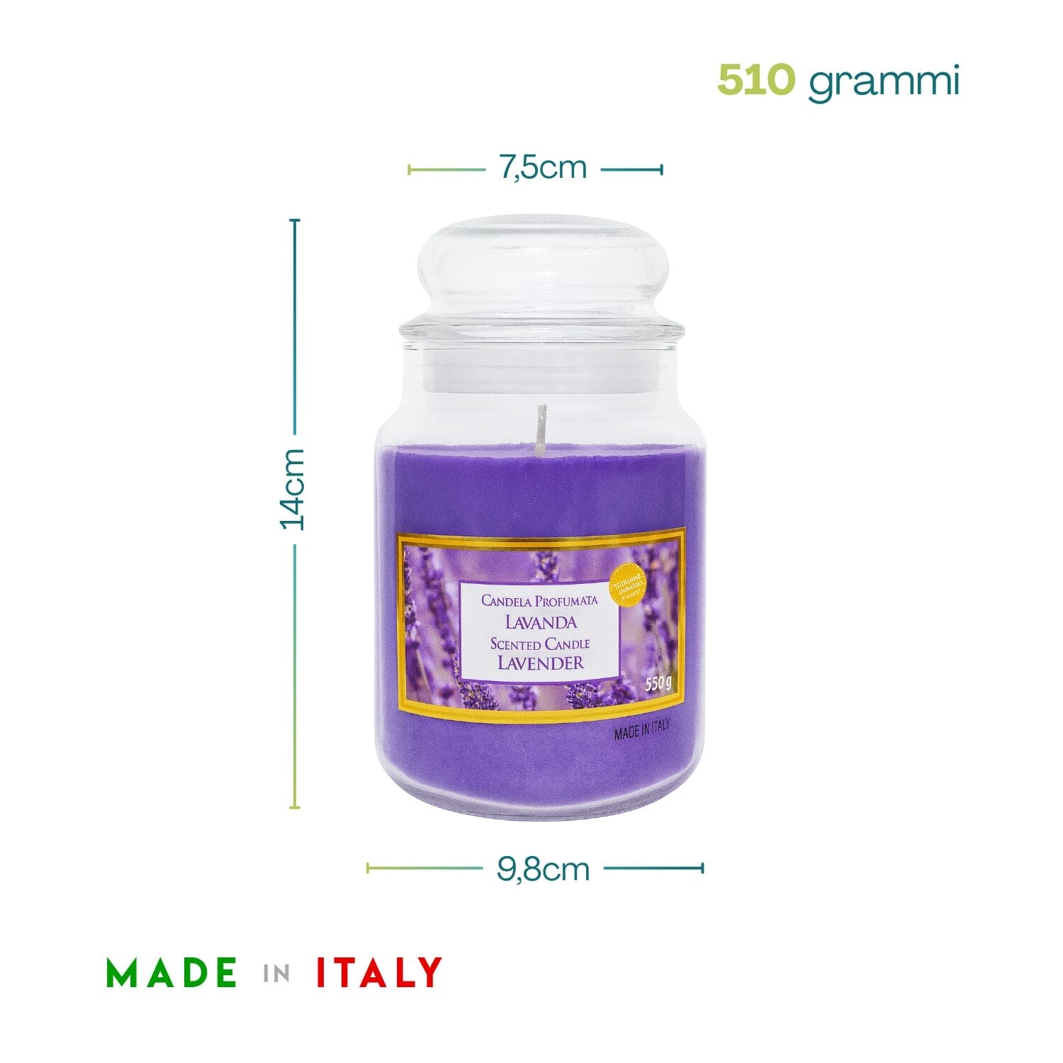 Candela lavanda viola 510g con misure 14x9,8 cm Made in Italy