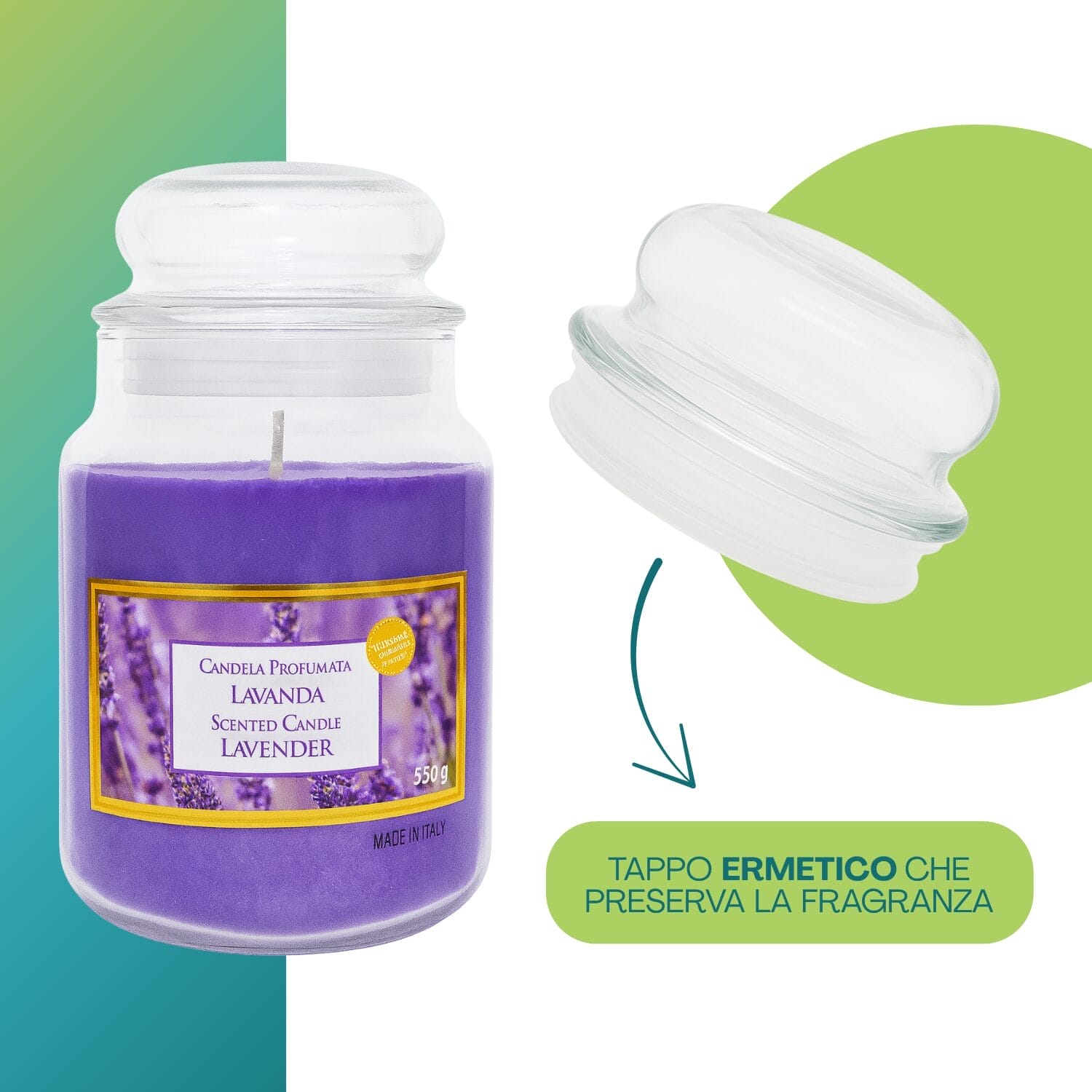 Candela lavanda con tappo ermetico che preserva la fragranza