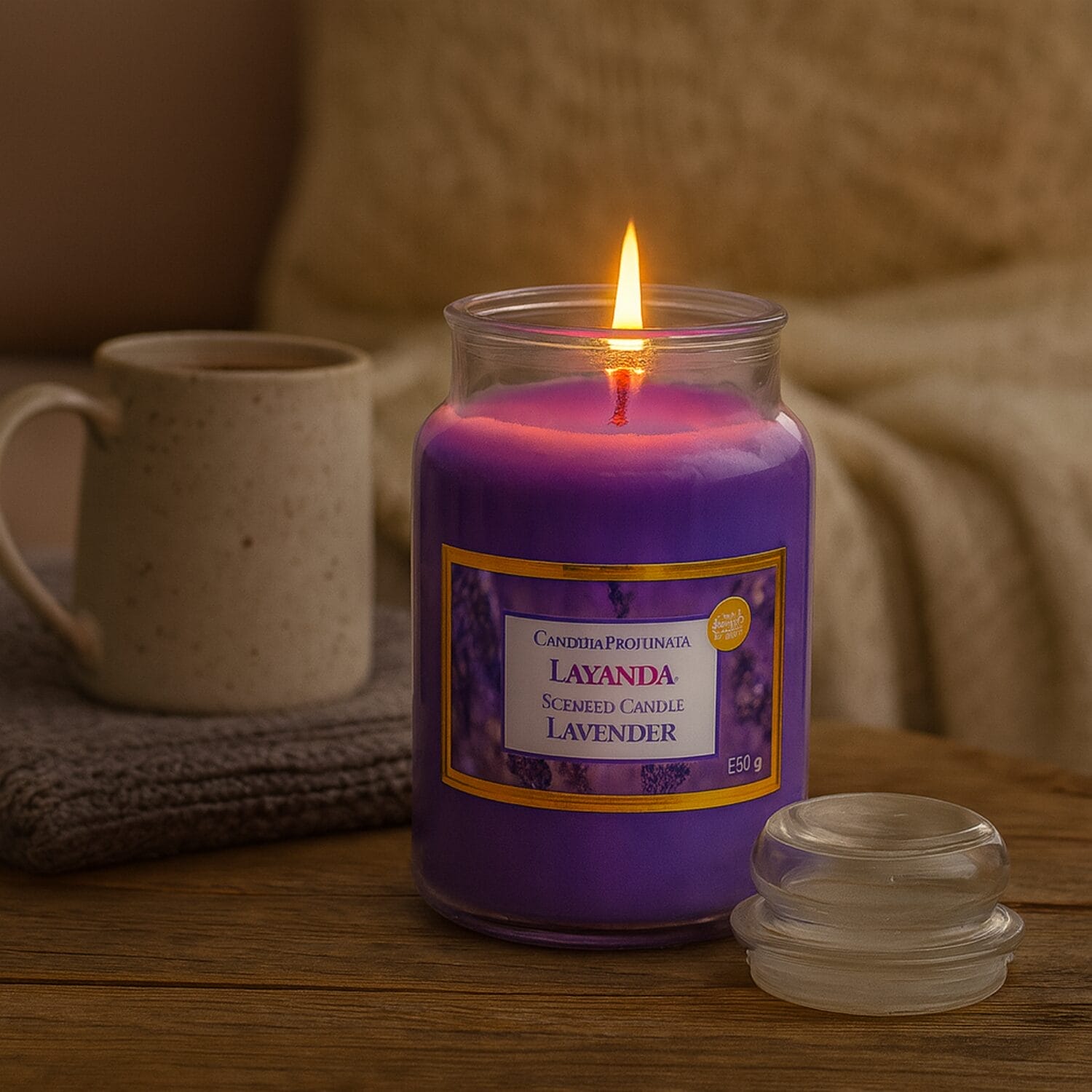 Candela profumata lavanda accesa in ambientazione relax
