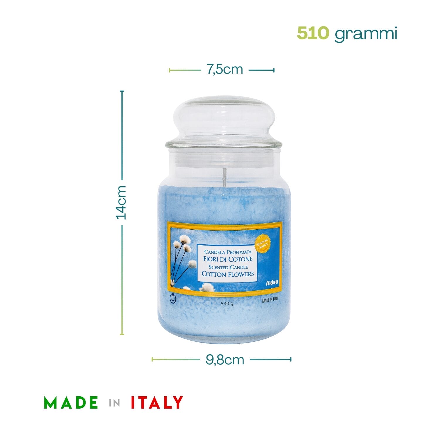 Candela fiori di cotone misure 14x9,8 cm barattolo vetro con coperchio ermetico