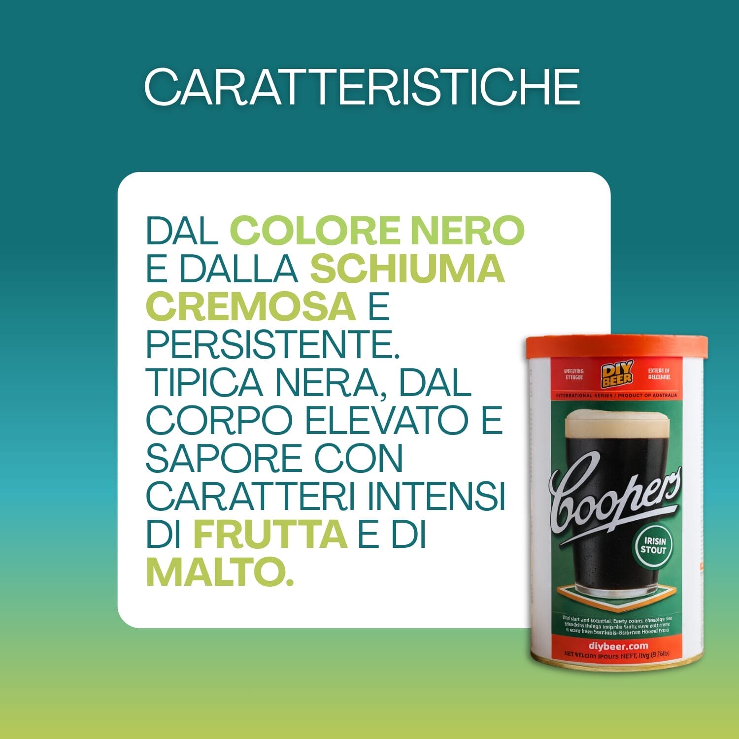 Malto Coopers Irish Stout birra nera con schiuma cremosa e aroma di malto
