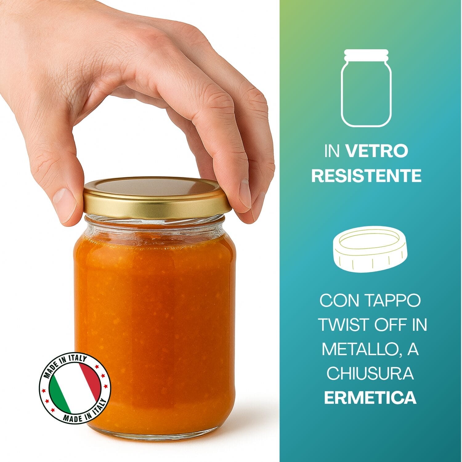 Barattolo in vetro resistente con tappo in metallo twist off Made in Italy