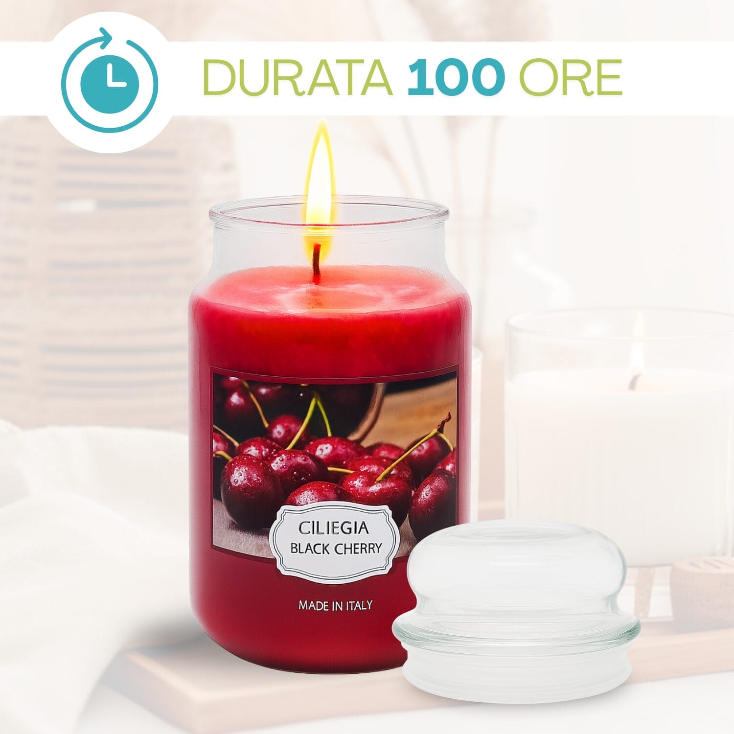 Candela ciliegia nera accesa durata 100 ore Made in Italy