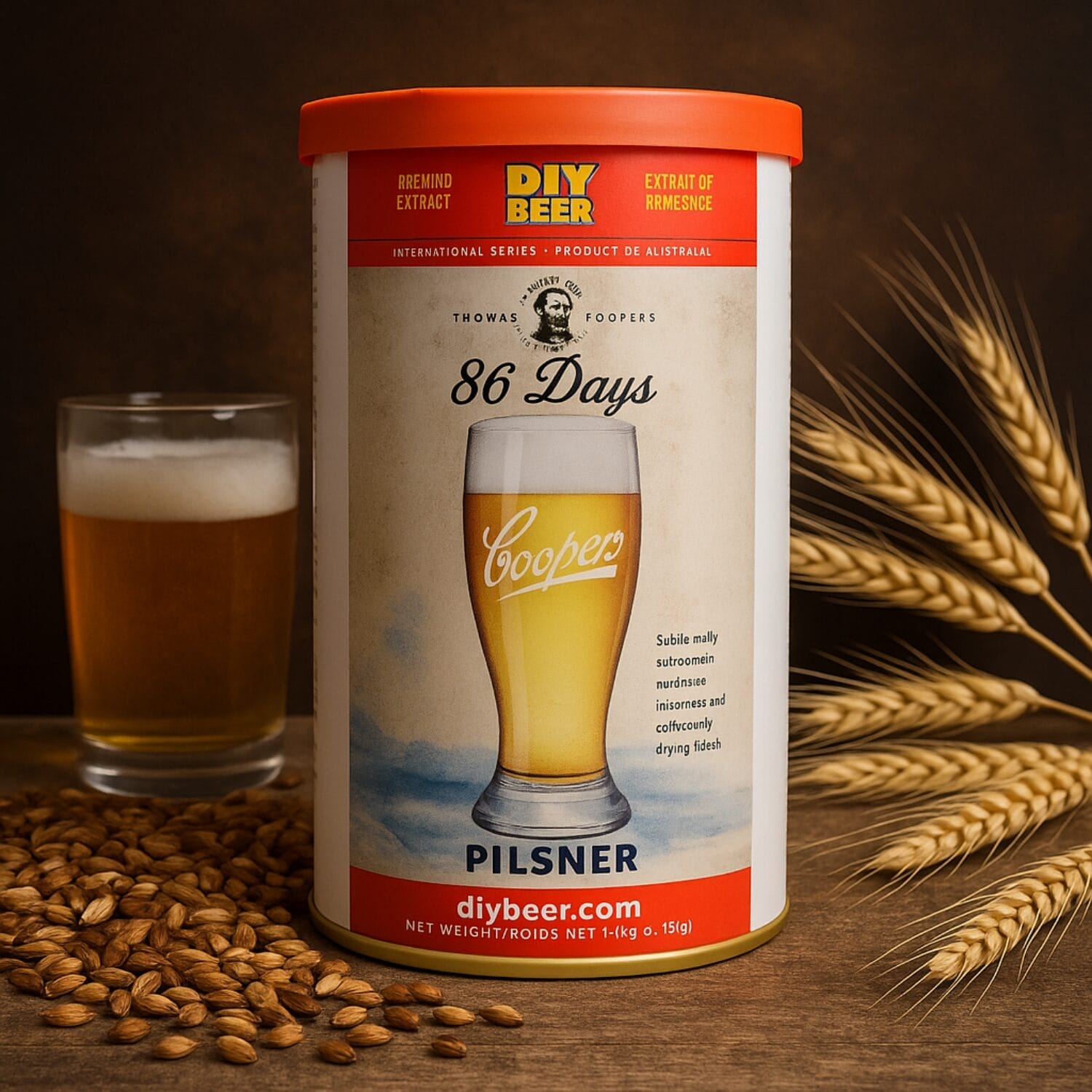 Lattina malto Coopers 86 Days Pilsner ambientata con orzo e bicchiere di birra