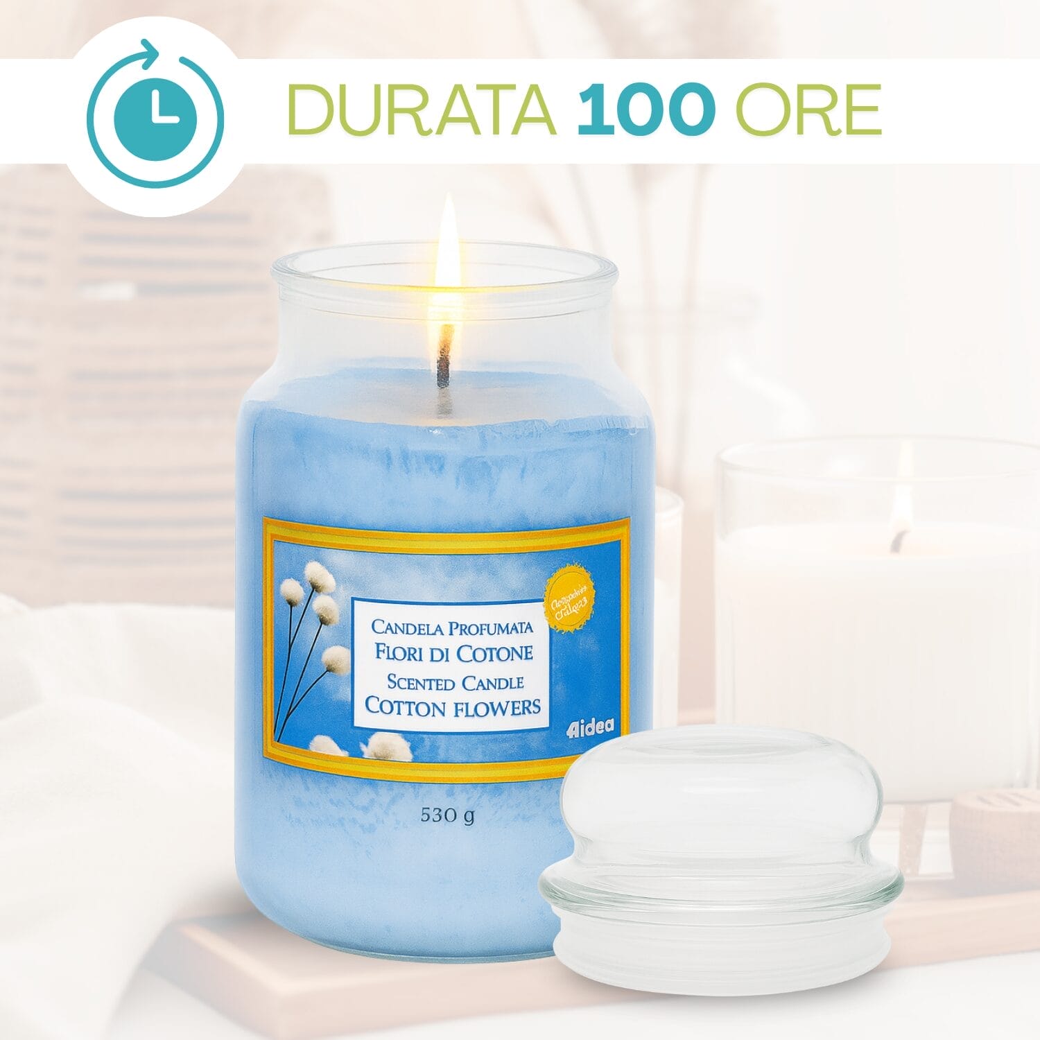 Candela fiori di cotone azzurra 530 g durata 100 ore in barattolo di vetro