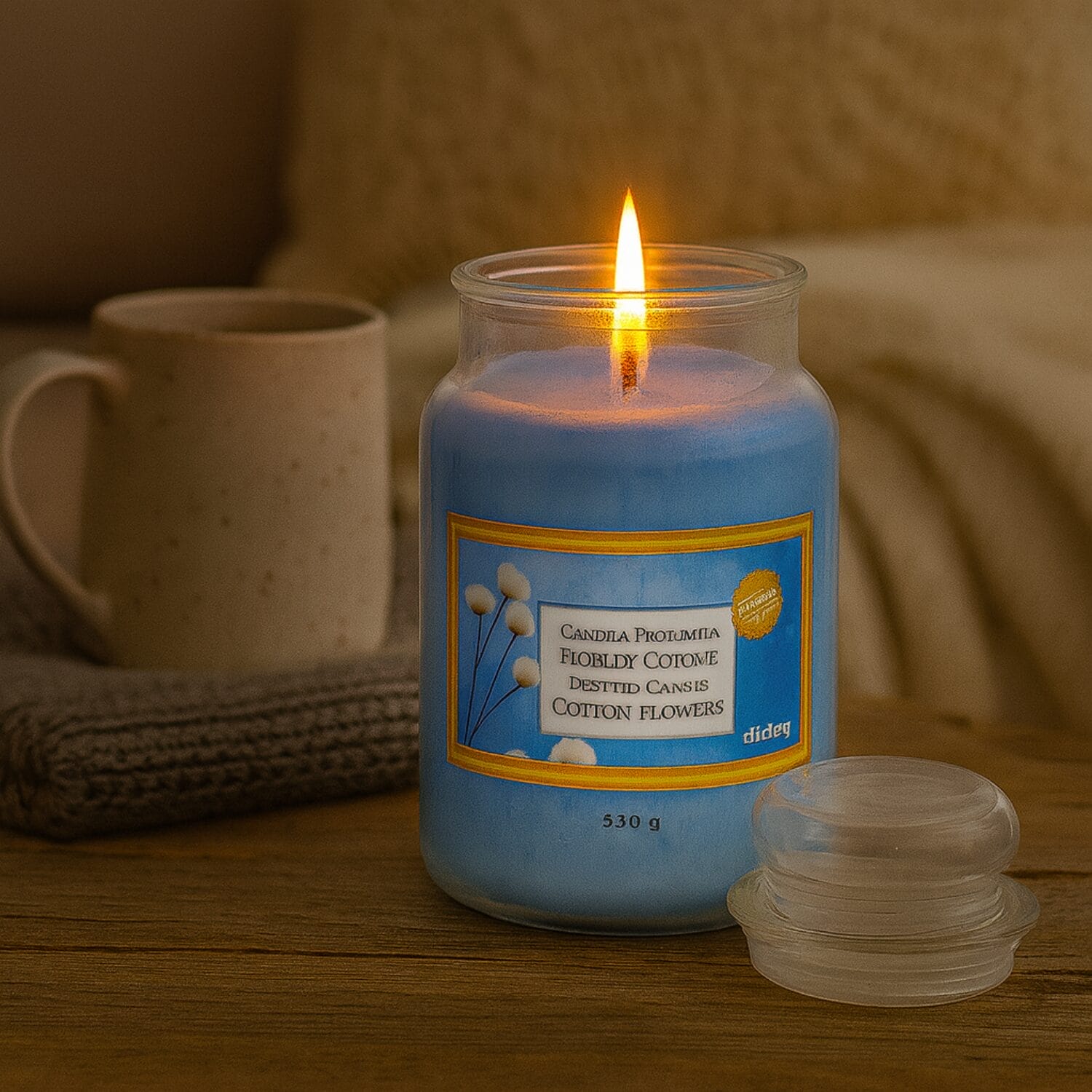 Candela accesa fiori di cotone profumata in vetro atmosfera relax e design