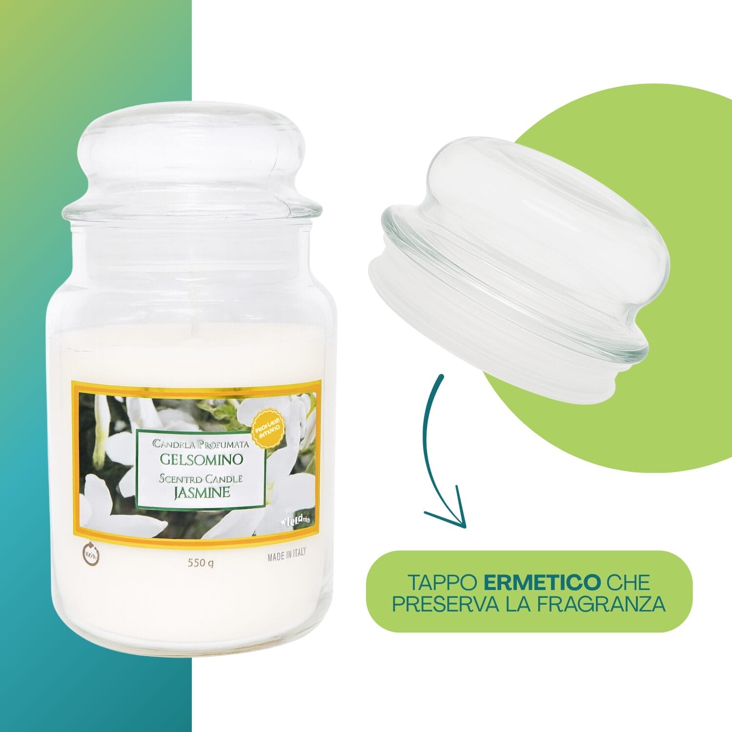 45-candela-gelsomino-tappo Candela profumata gelsomino con coperchio ermetico che mantiene la fragranza