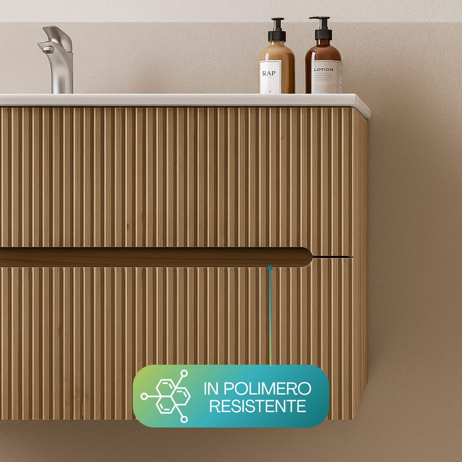 Mobile bagno in polimero resistente con finitura legno a doghe verticali
