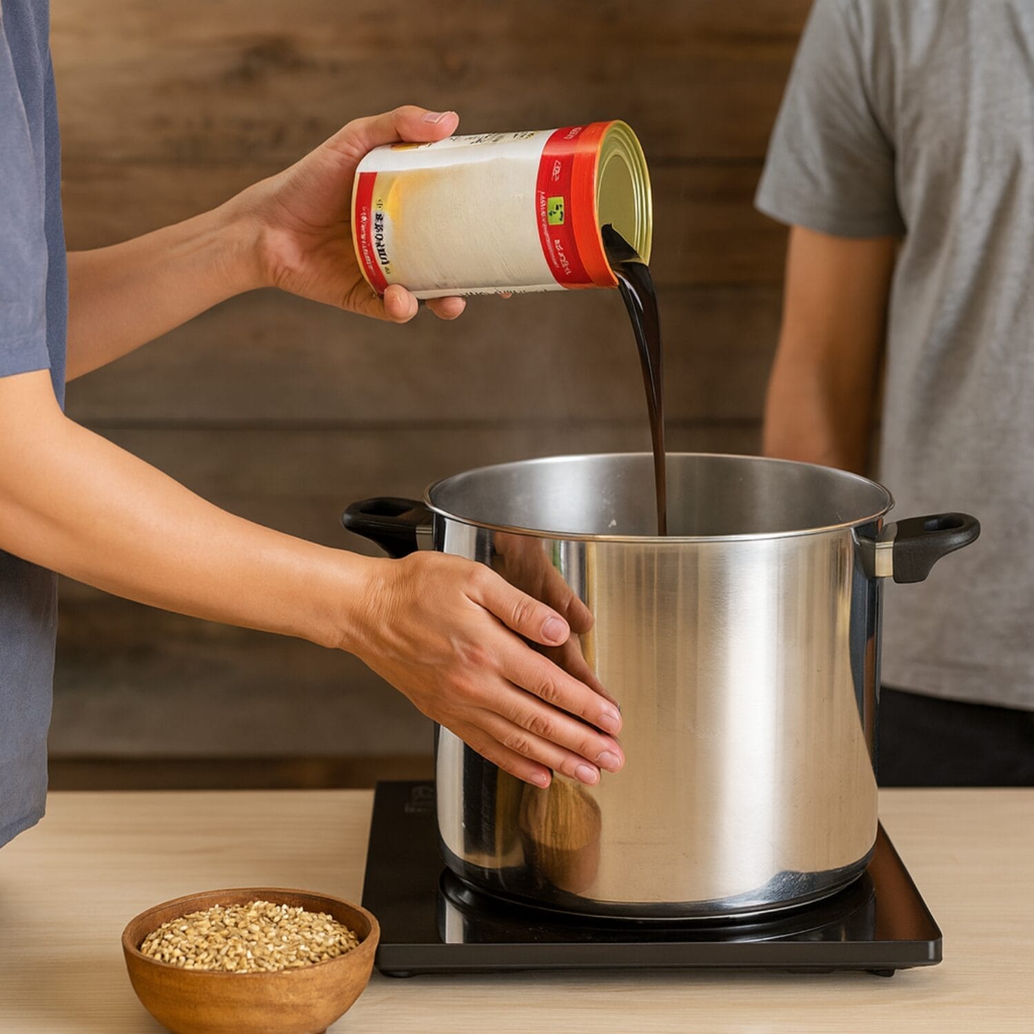 Preparazione birra fatta in casa con malto Coopers Pilsner versato nella pentola