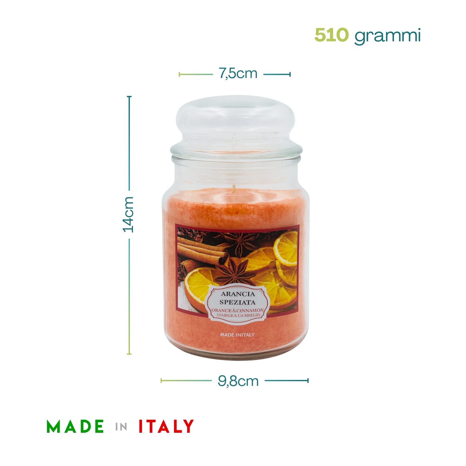 50-candela-arancia-speziata-misure Candela arancia speziata 510g con misure 14x9,8 cm, Made in Italy
