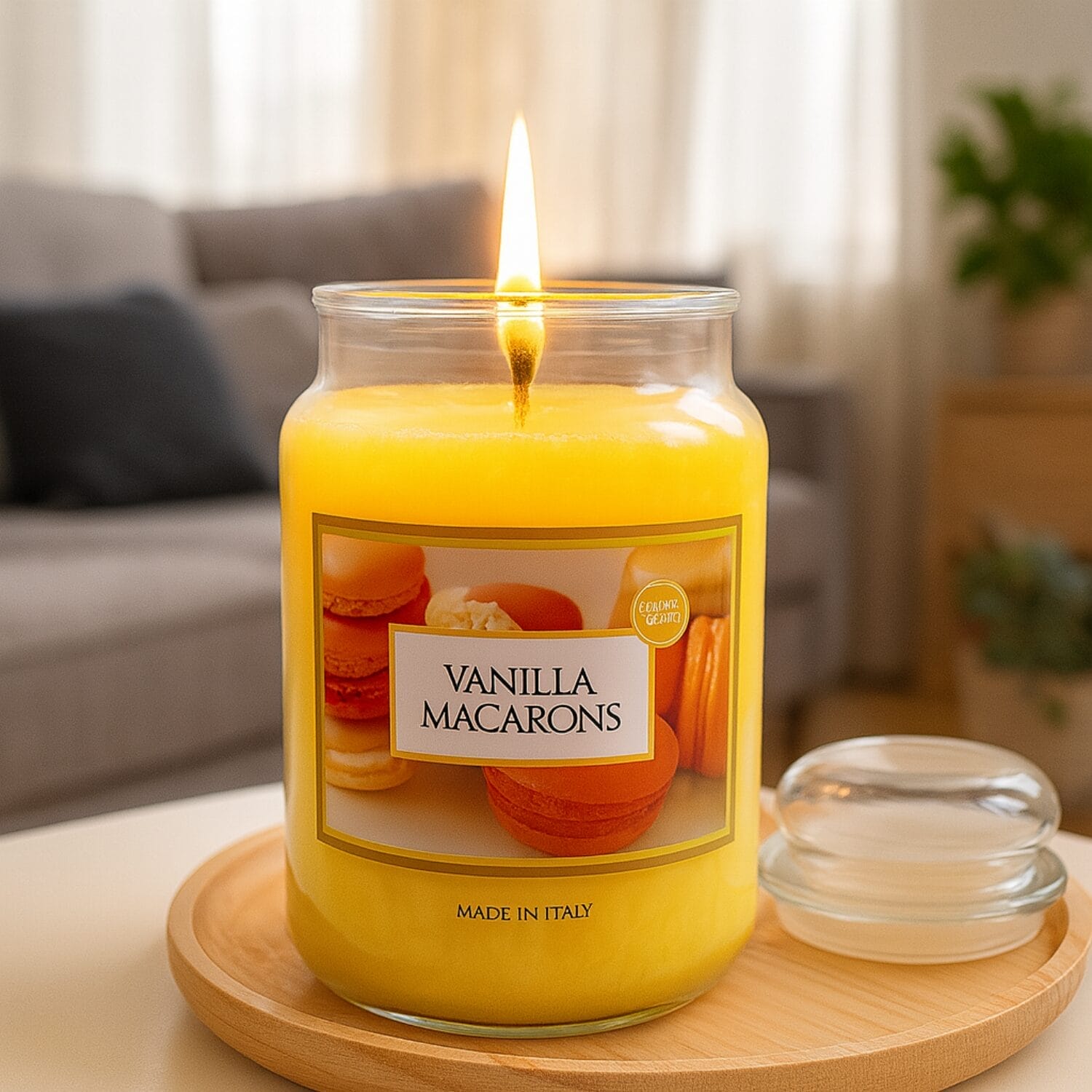 Candela vaniglia macarons accesa in salotto, atmosfera rilassante