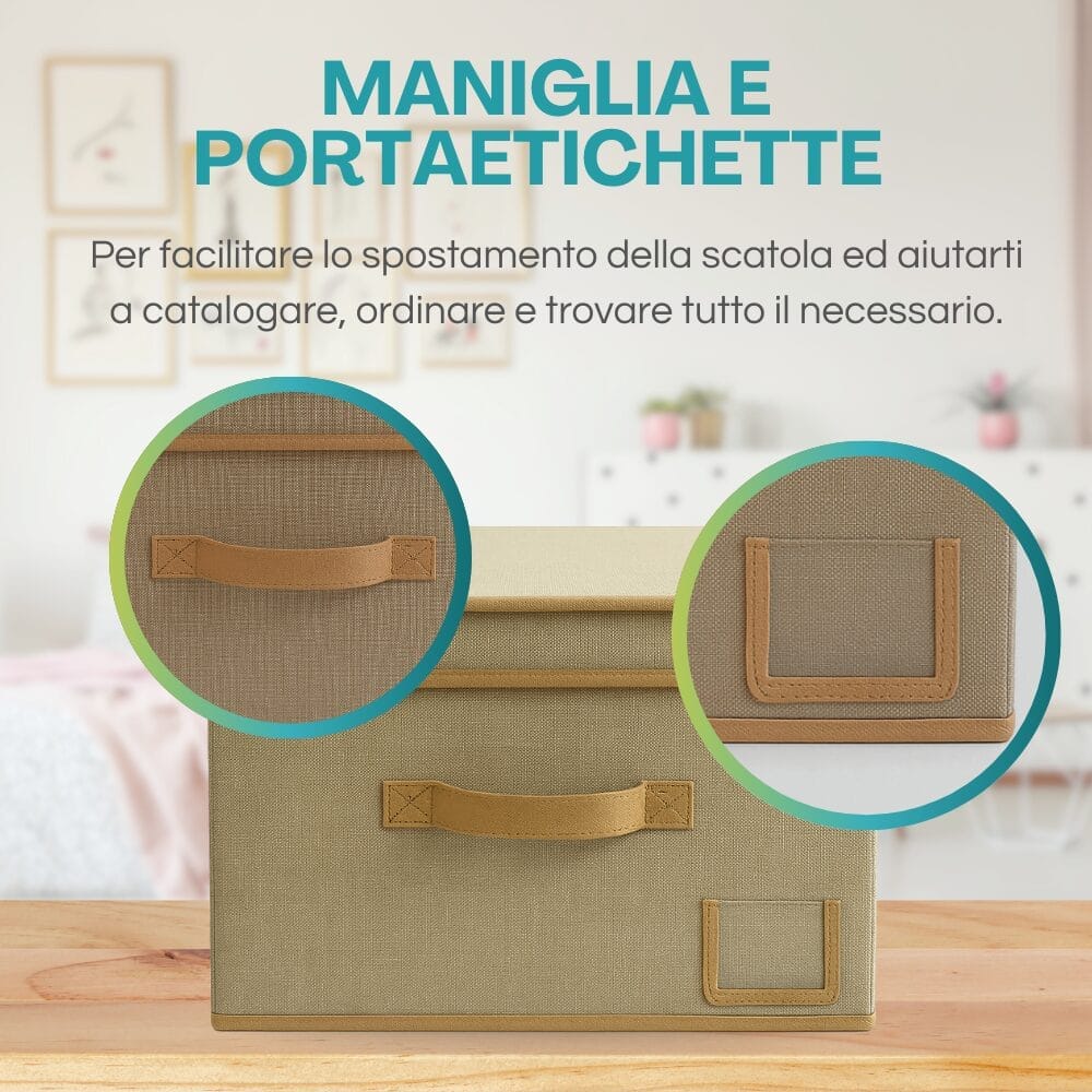 Contenitore Oxford beige con maniglia e porta etichette per facile catalogazione