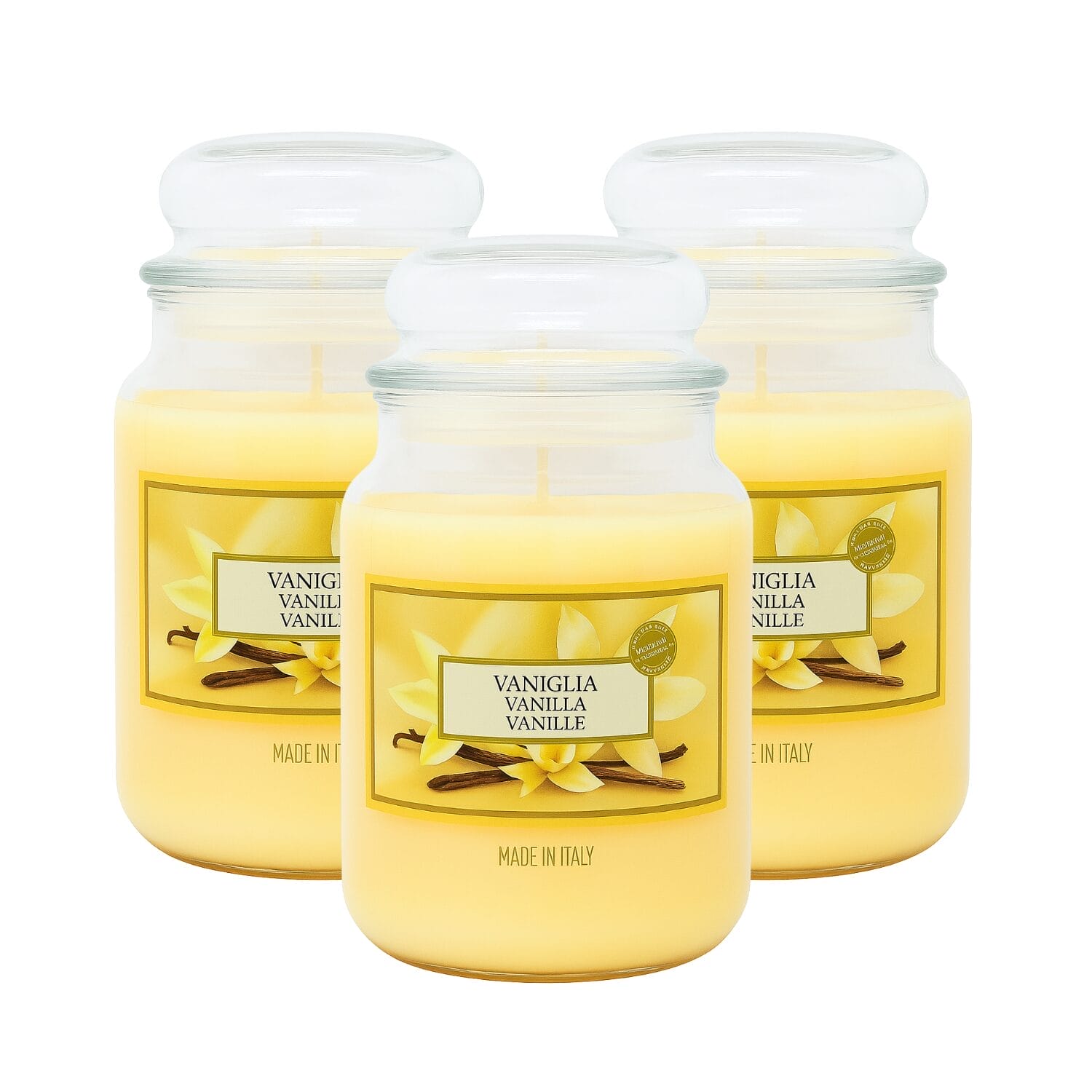 Candela in vetro profumata vaniglia confezione 3 pezzi