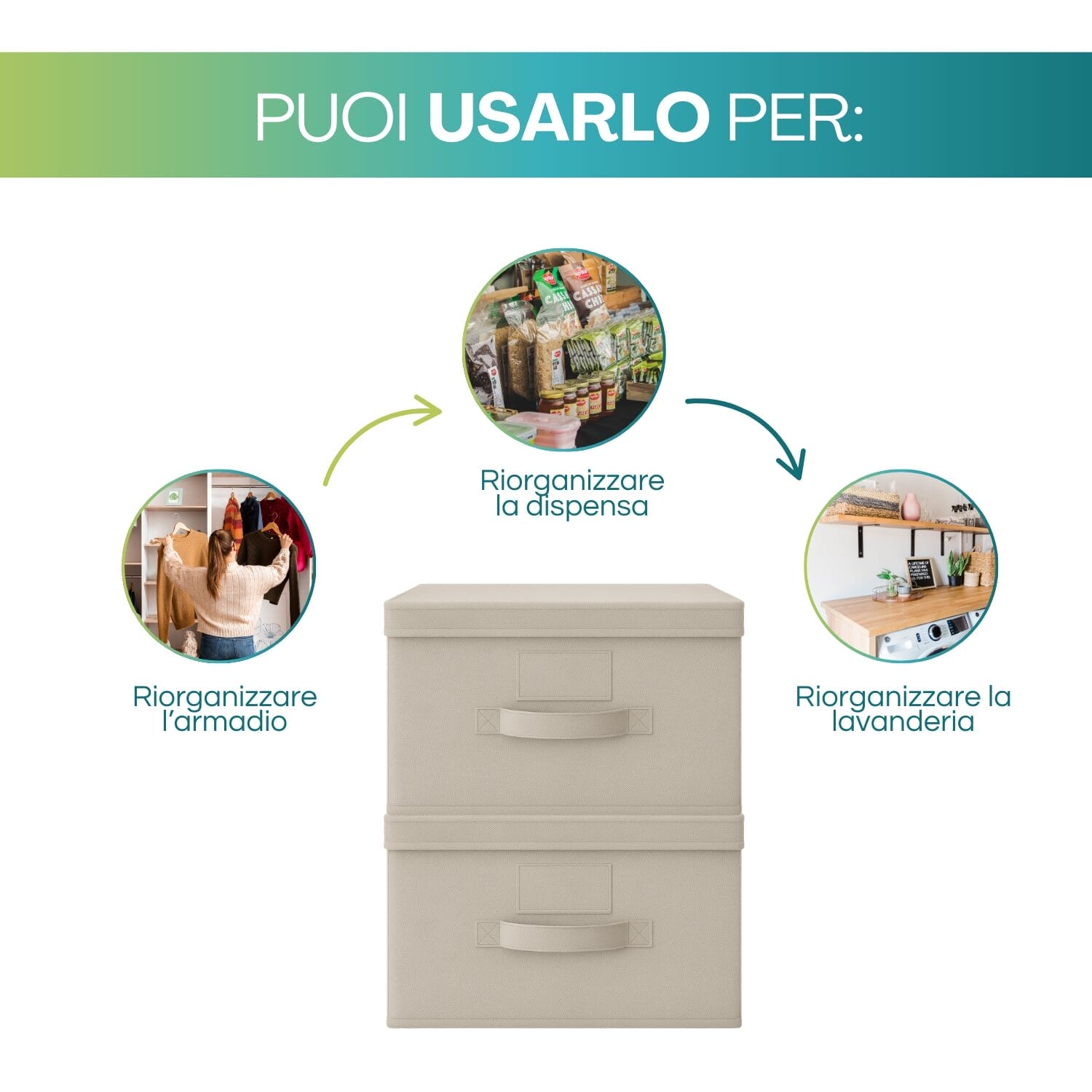 Set contenitori Oxford beige per armadio, dispensa e lavanderia