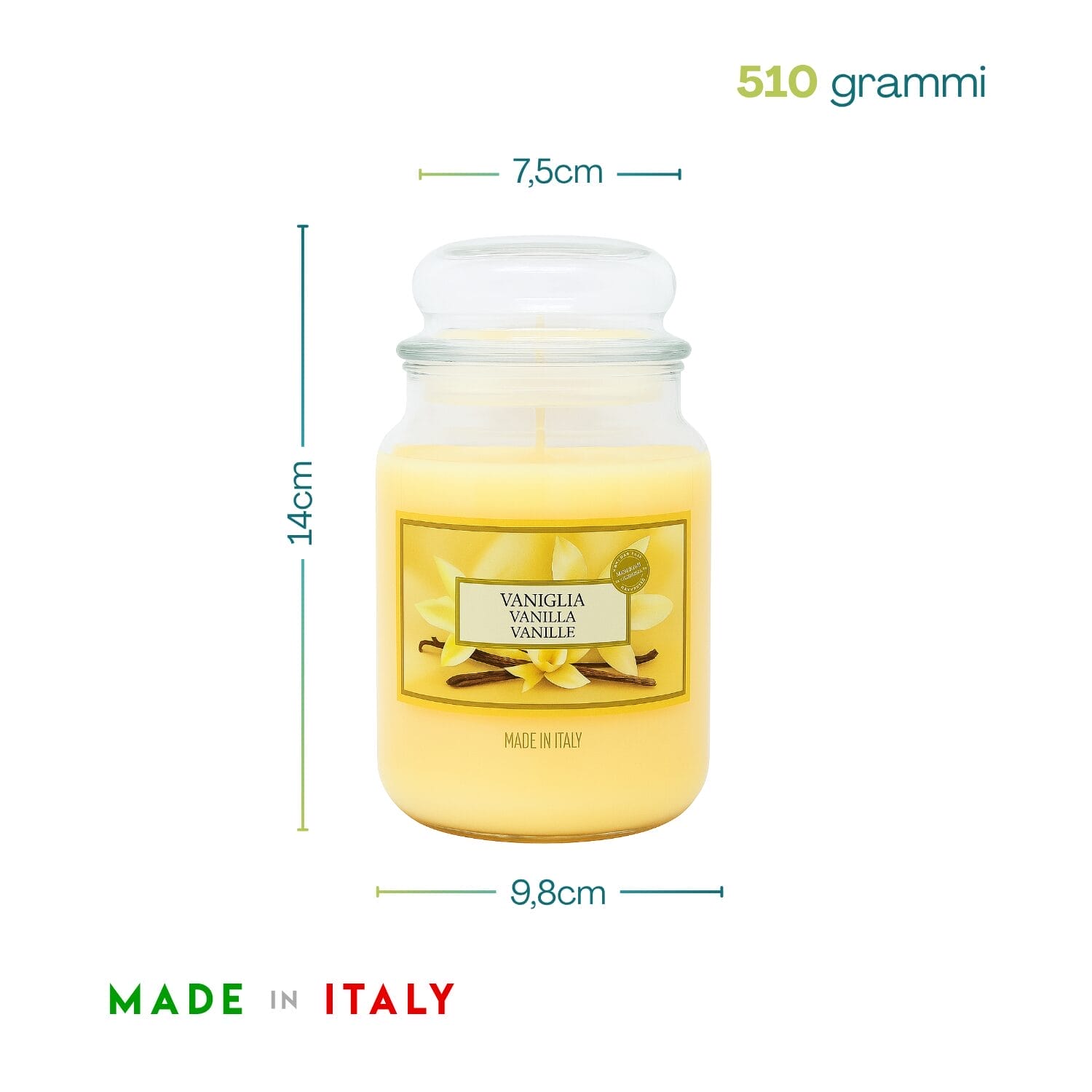 Candela profumata vaniglia 510g misure 14x9,8 cm Made in Italy