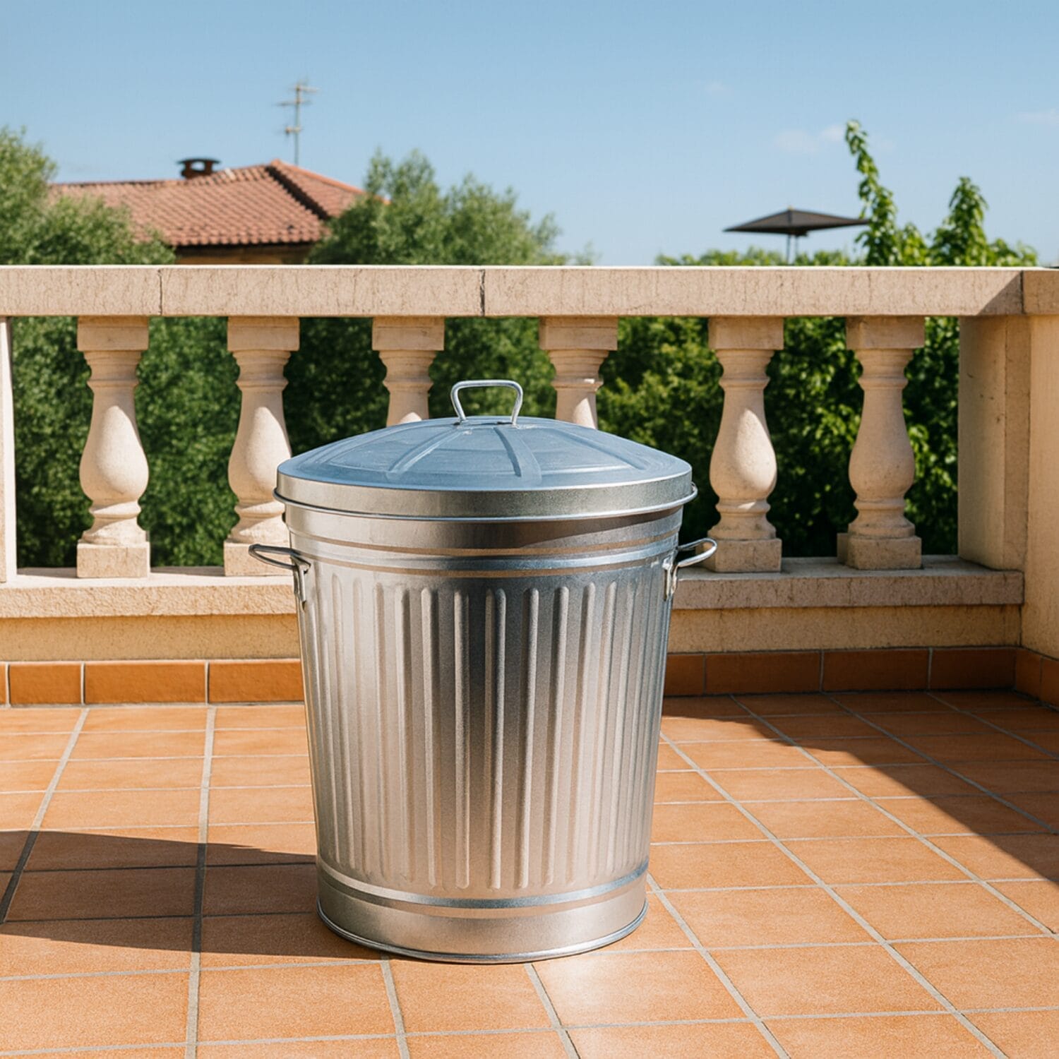 Bidone in metallo zincato con coperchio posizionato su terrazzo all’aperto